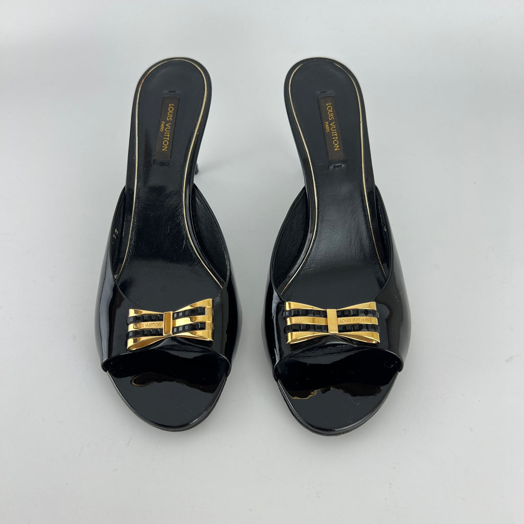 Louis Vuitton | Black Patent Leather Gold Gem Metal Bow Slide Mules (38)