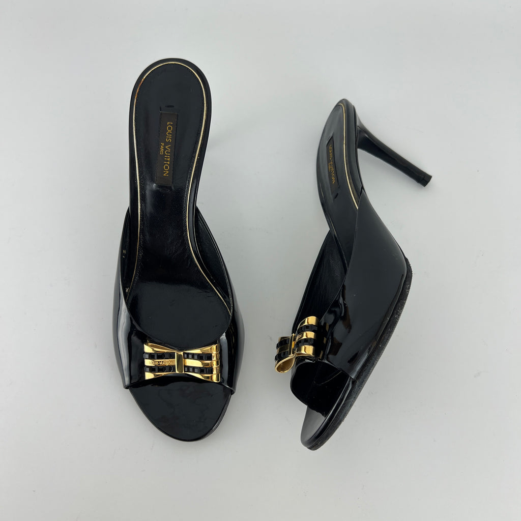 Louis Vuitton | Black Patent Leather Gold Gem Metal Bow Slide Mules (38)