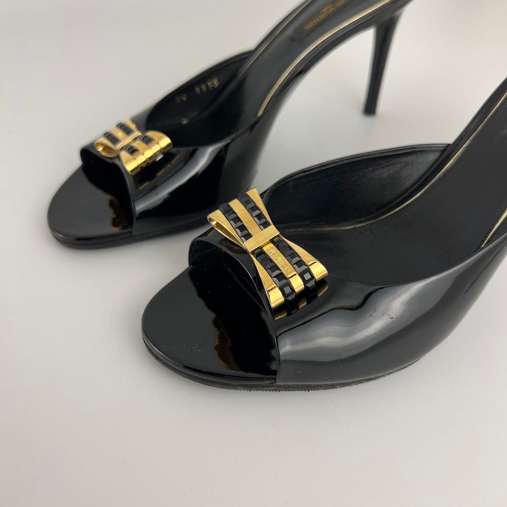 Louis Vuitton | Black Patent Leather Gold Gem Metal Bow Slide Mules (38)