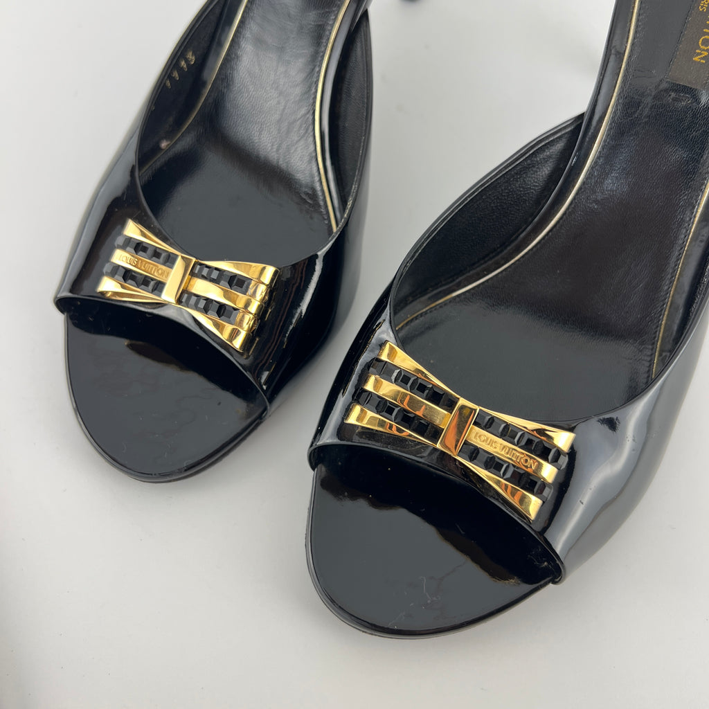 Louis Vuitton | Black Patent Leather Gold Gem Metal Bow Slide Mules (38)