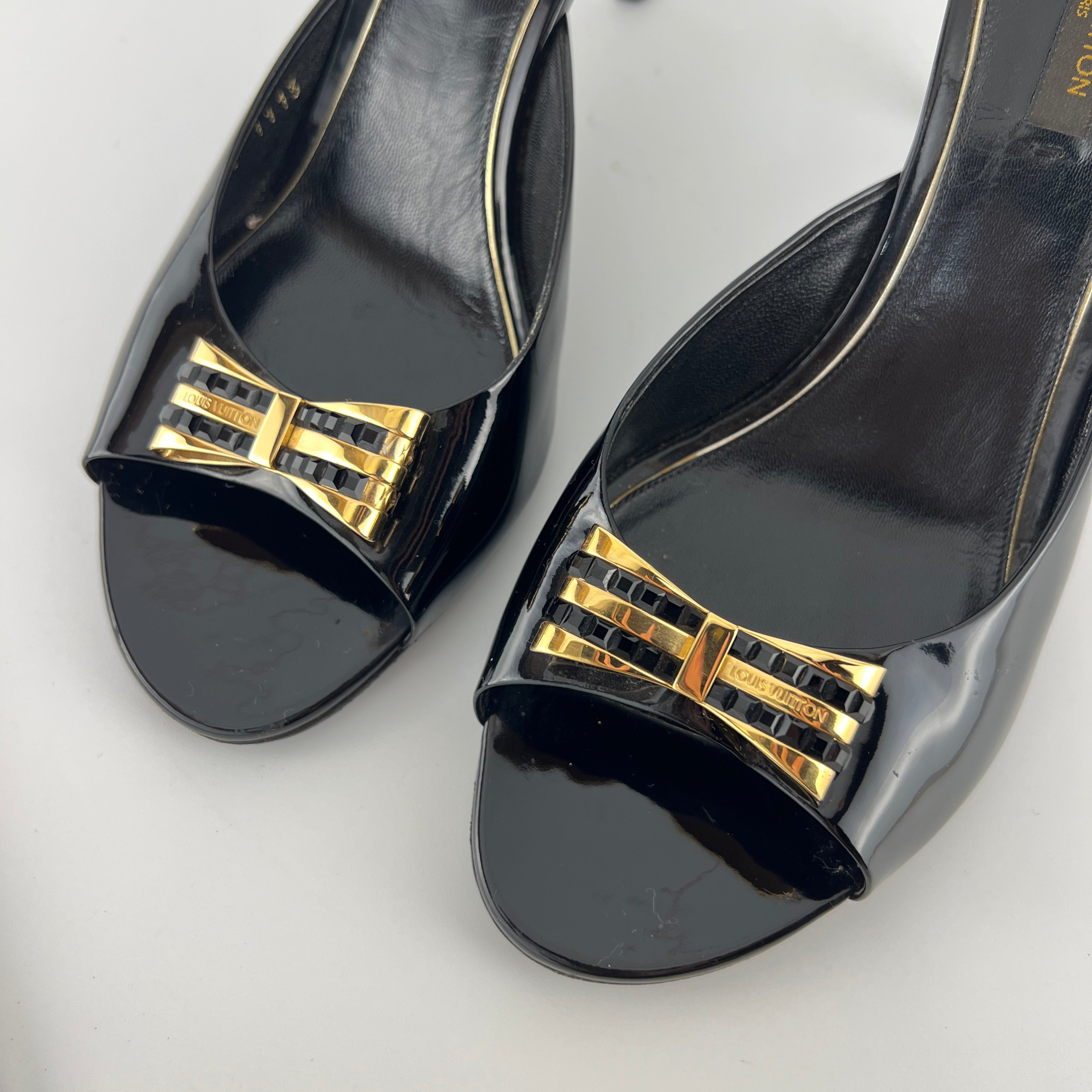 Louis Vuitton | Black Patent Leather Gold Gem Metal Bow Slide Mules (38)
