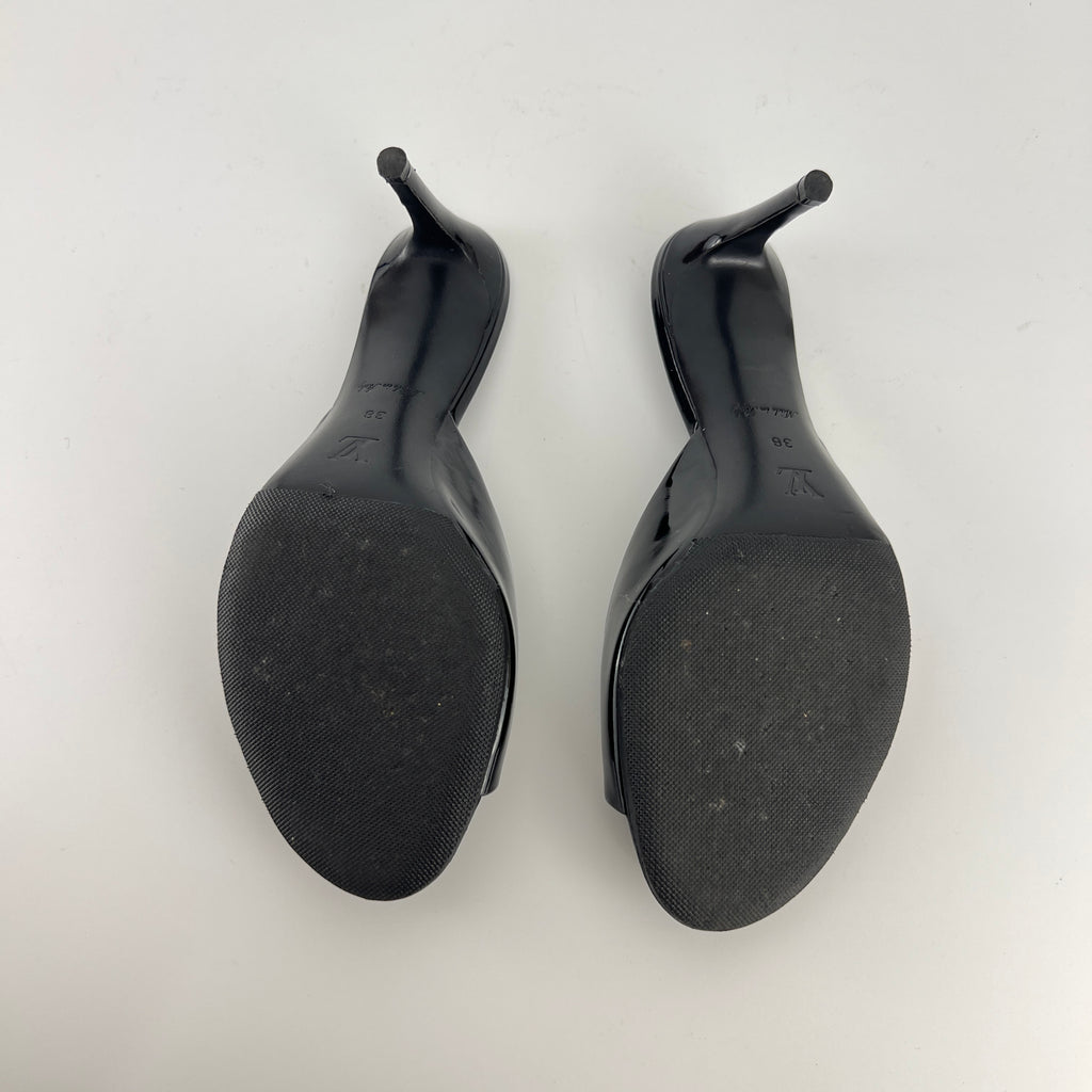 Louis Vuitton | Black Patent Leather Gold Gem Metal Bow Slide Mules (38)