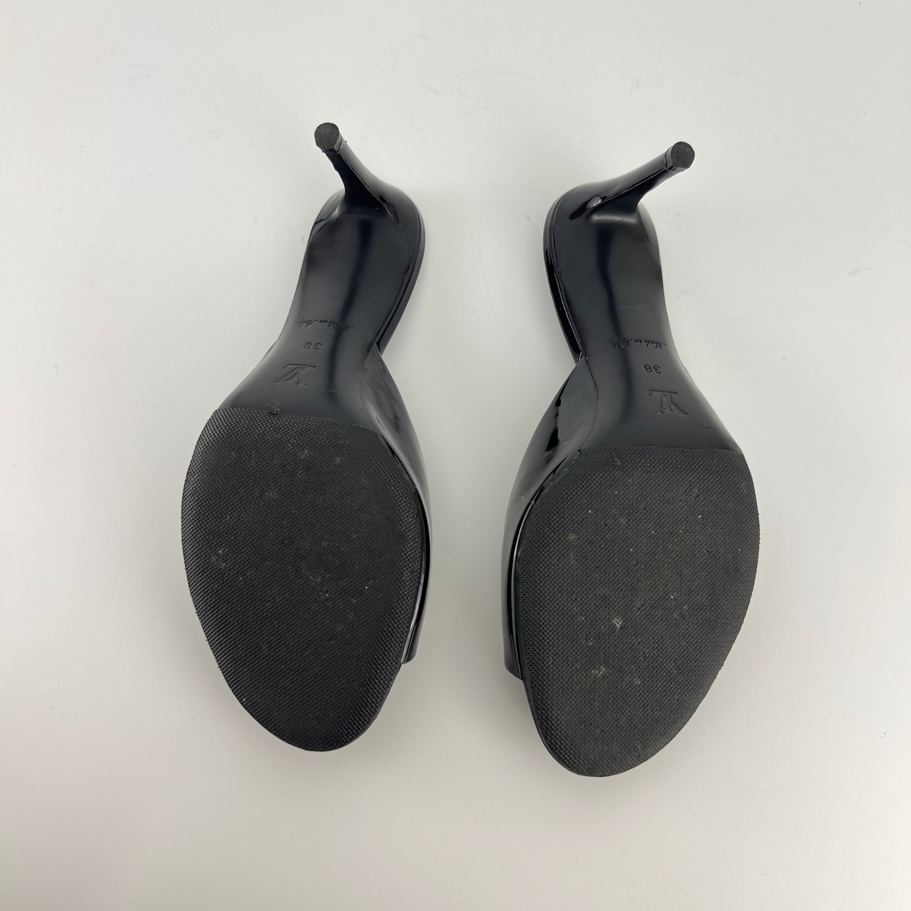 Louis Vuitton | Black Patent Leather Gold Gem Metal Bow Slide Mules (38)