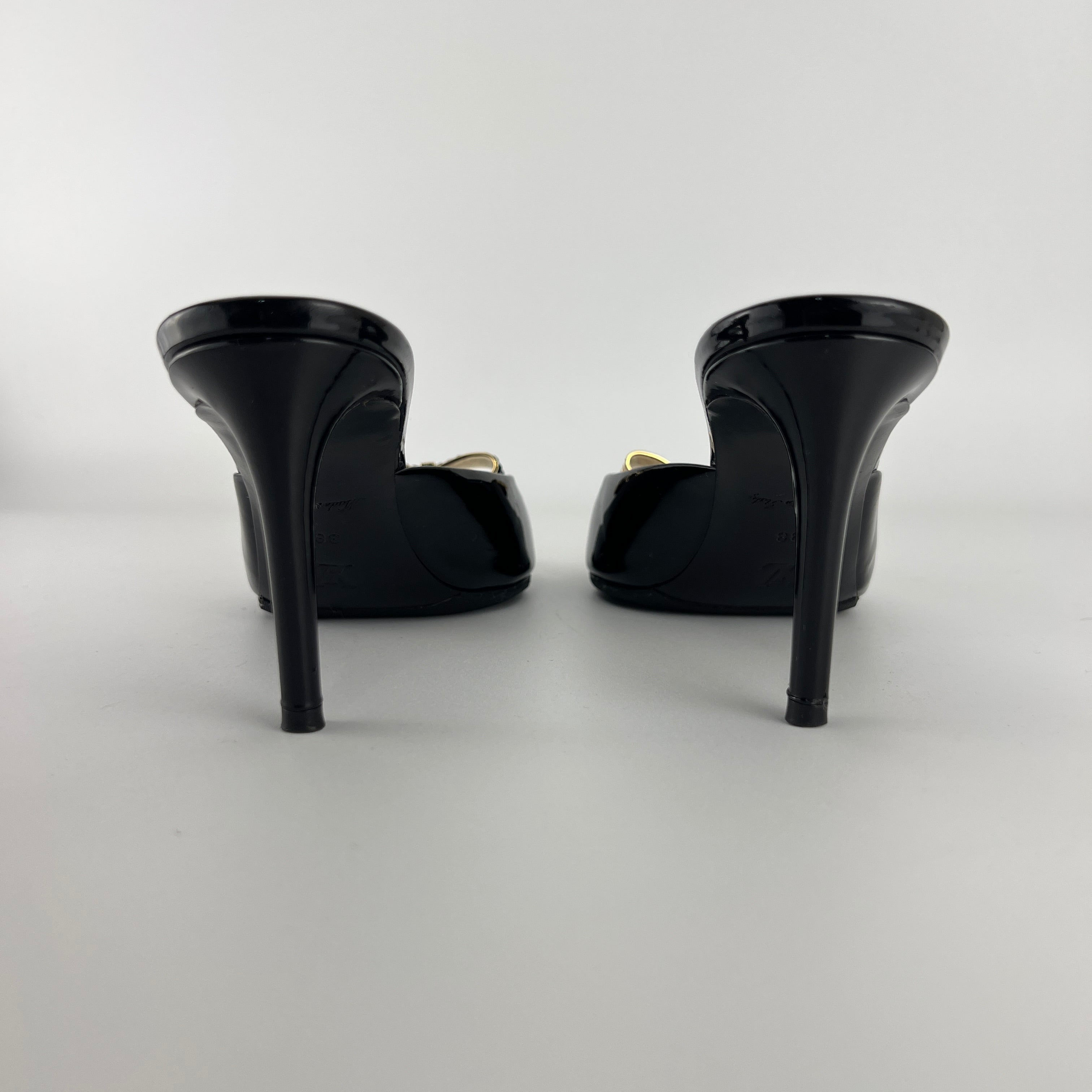Louis Vuitton | Black Patent Leather Gold Gem Metal Bow Slide Mules (38)