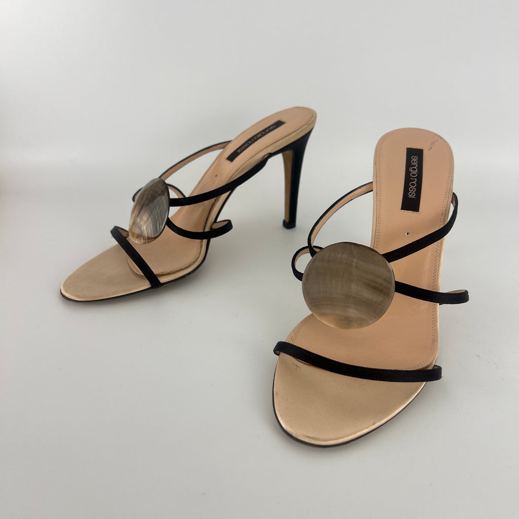 Sergio Rossi | Shell Disc Appliqué Black Strappy Heels (38)