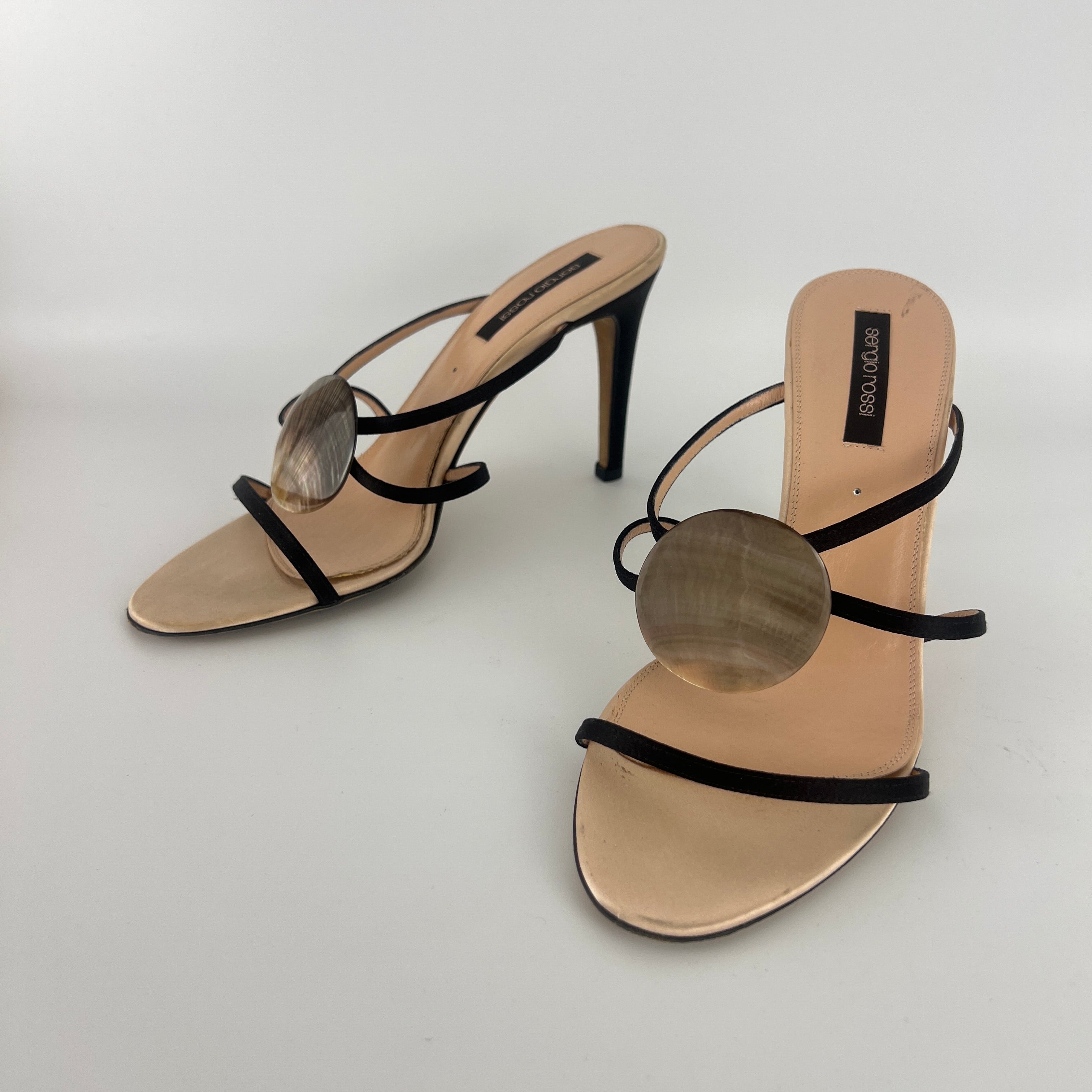 Sergio Rossi | Shell Disc Appliqué Black Strappy Heels (38)