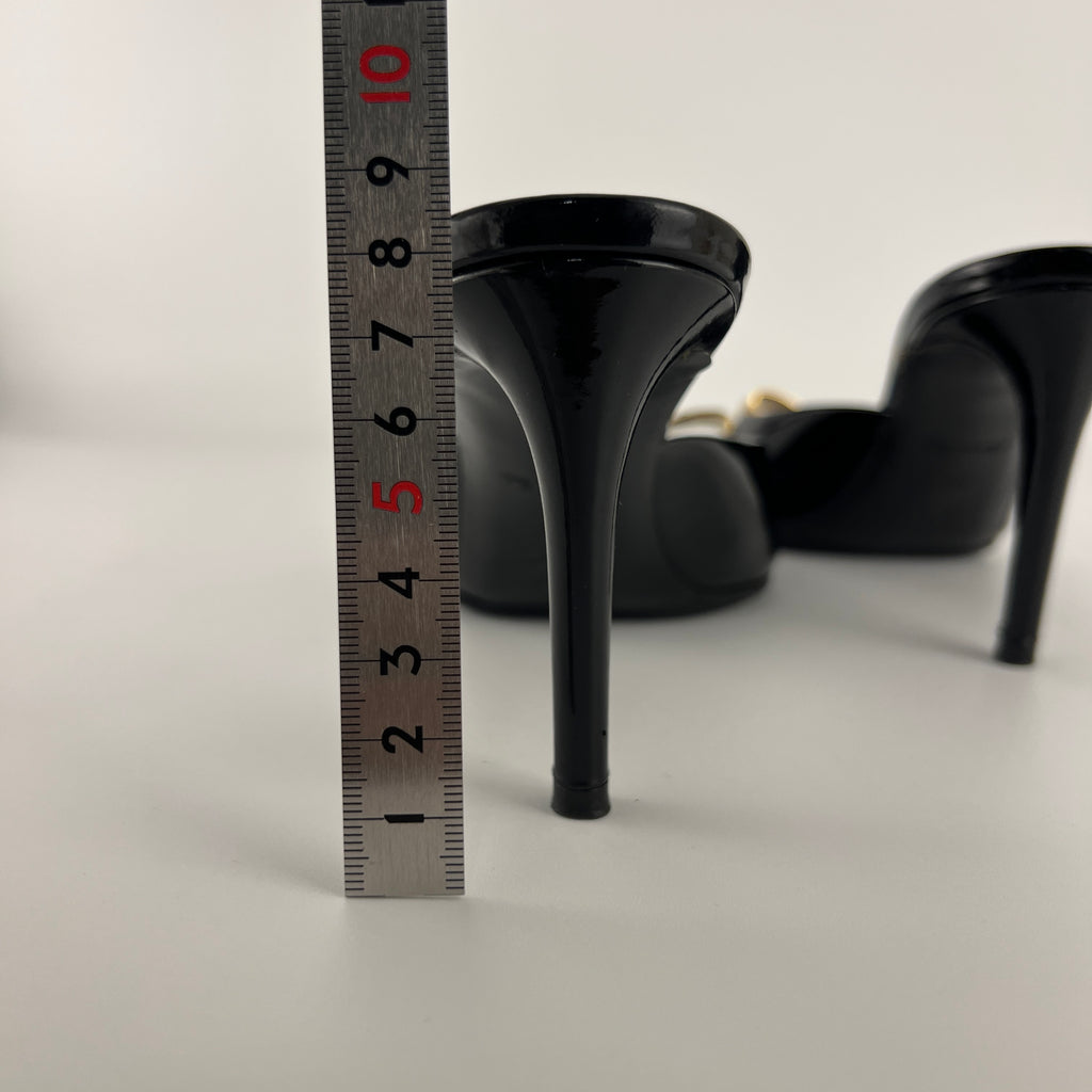 Louis Vuitton | Black Patent Leather Gold Gem Metal Bow Slide Mules (38)