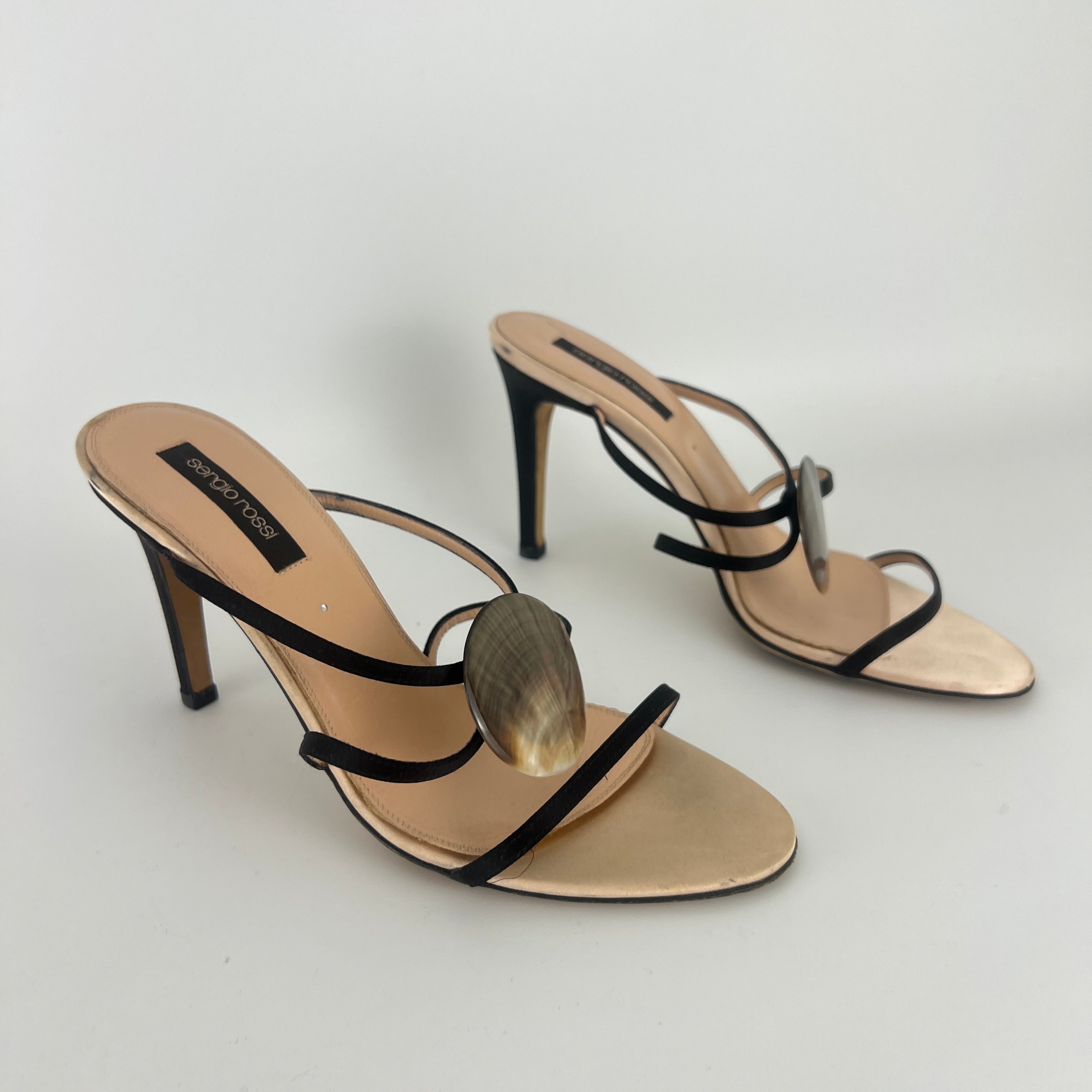 Sergio Rossi | Shell Disc Appliqué Black Strappy Heels (38)