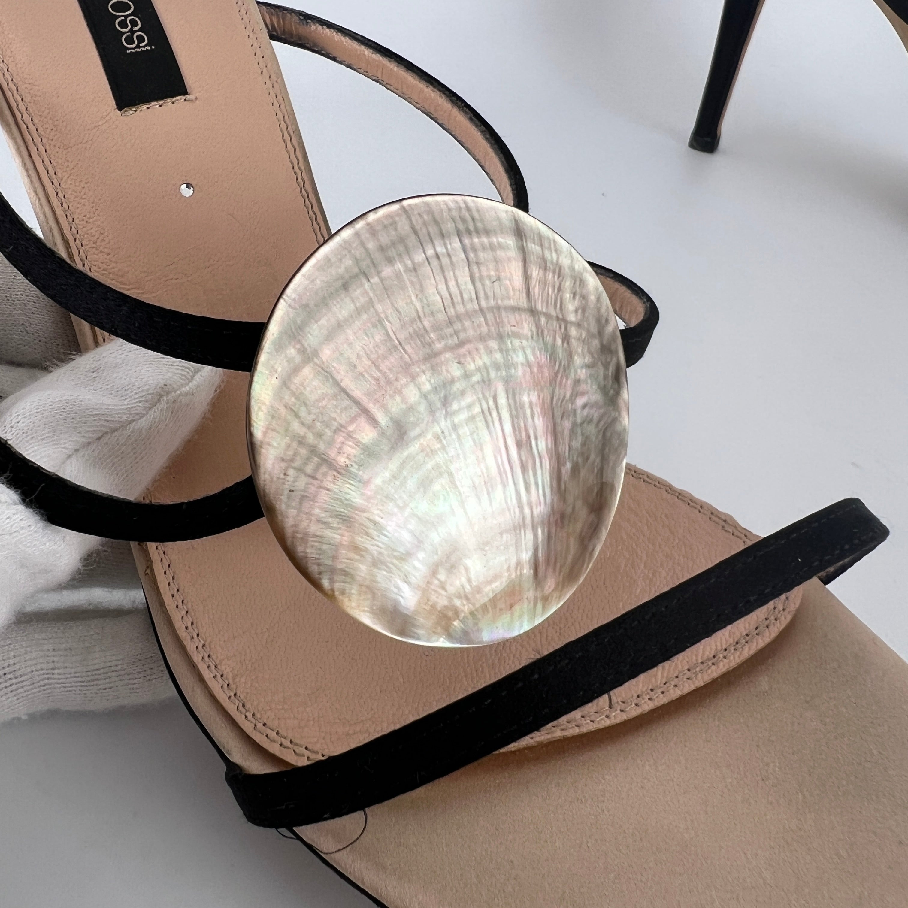 Sergio Rossi | Shell Disc Appliqué Black Strappy Heels (38)