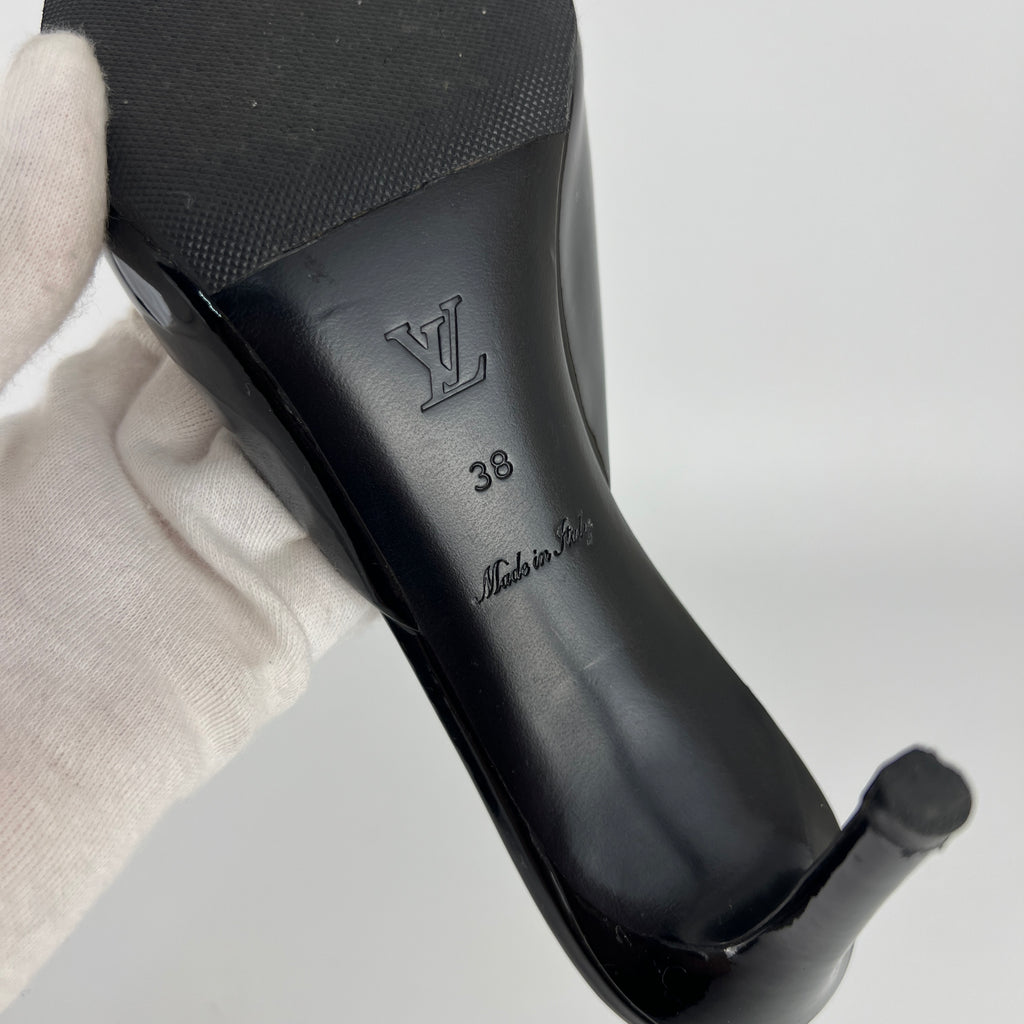 Louis Vuitton | Black Patent Leather Gold Gem Metal Bow Slide Mules (38)