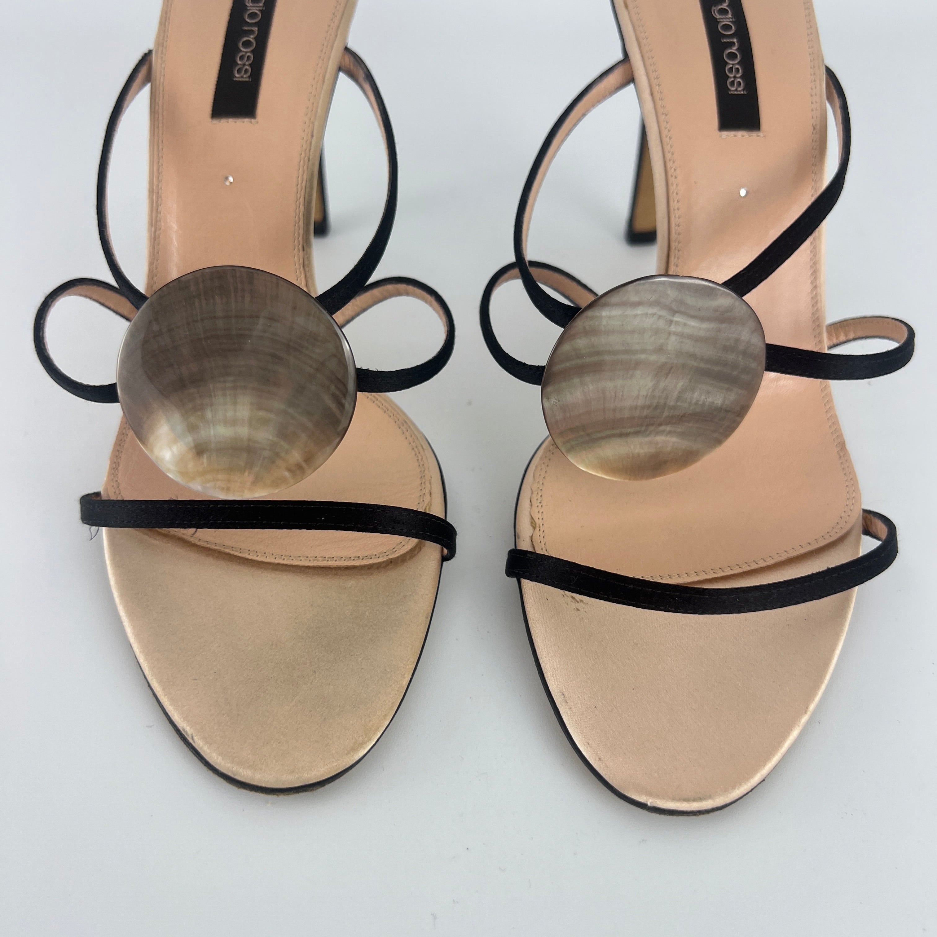 Sergio Rossi | Shell Disc Appliqué Black Strappy Heels (38)