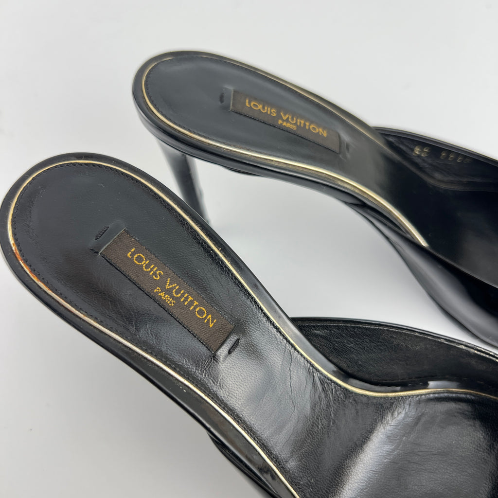 Louis Vuitton | Black Patent Leather Gold Gem Metal Bow Slide Mules (38)