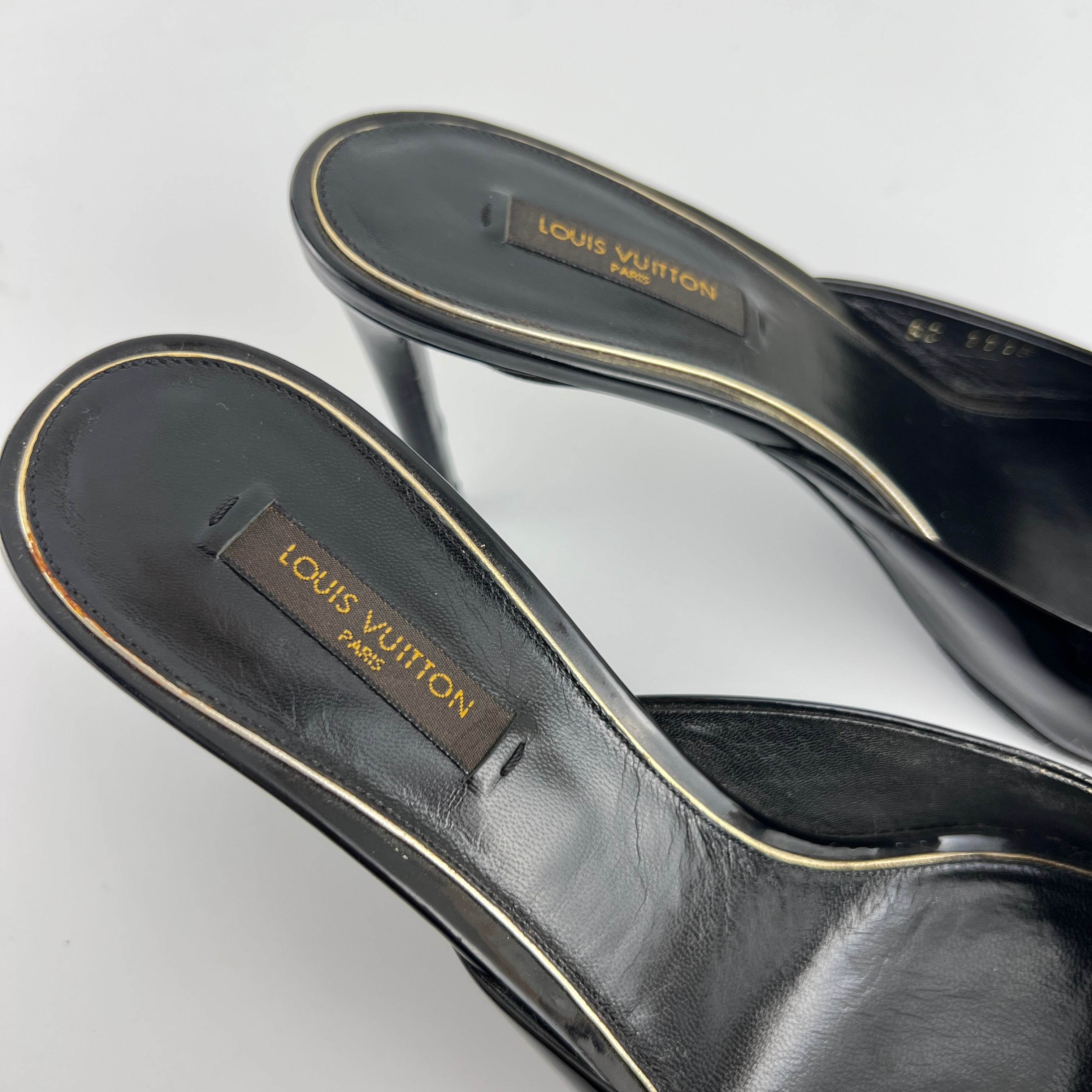 Louis Vuitton | Black Patent Leather Gold Gem Metal Bow Slide Mules (38)