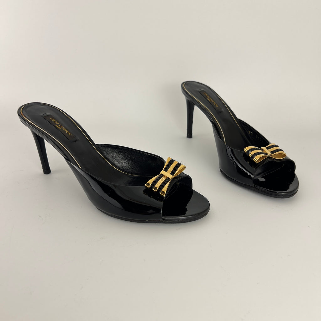 Louis Vuitton | Black Patent Leather Gold Gem Metal Bow Slide Mules (38)