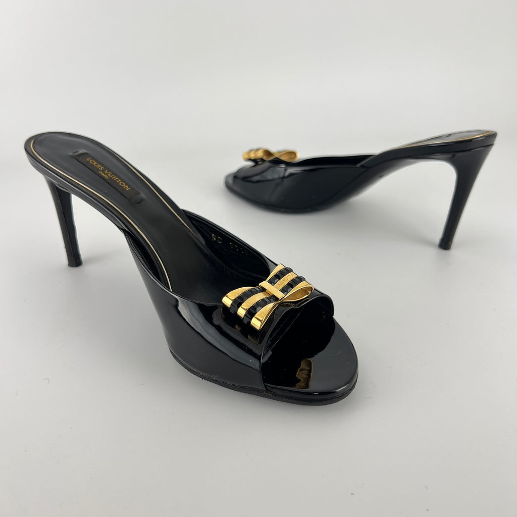 Louis Vuitton | Black Patent Leather Gold Gem Metal Bow Slide Mules (38)