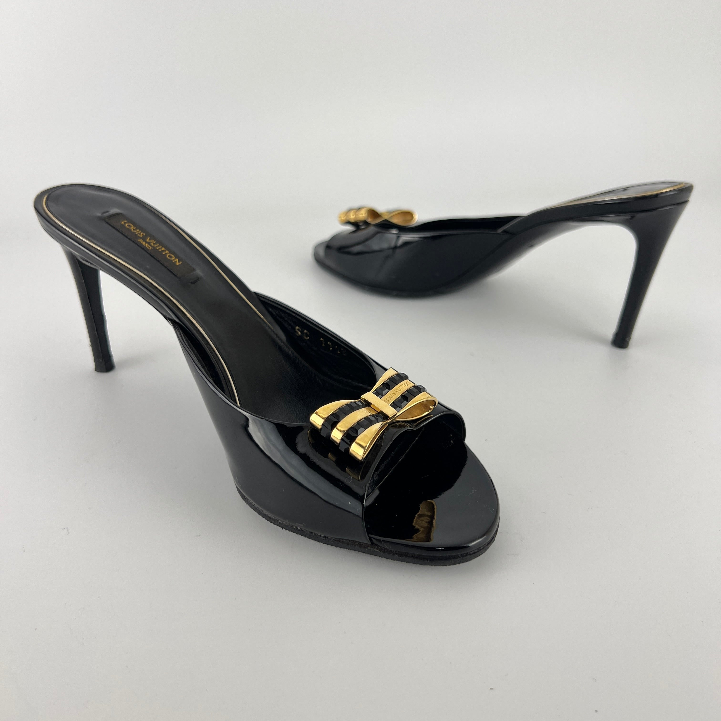 Louis Vuitton | Black Patent Leather Gold Gem Metal Bow Slide Mules (38)