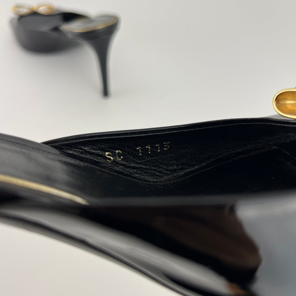 Louis Vuitton | Black Patent Leather Gold Gem Metal Bow Slide Mules (38)