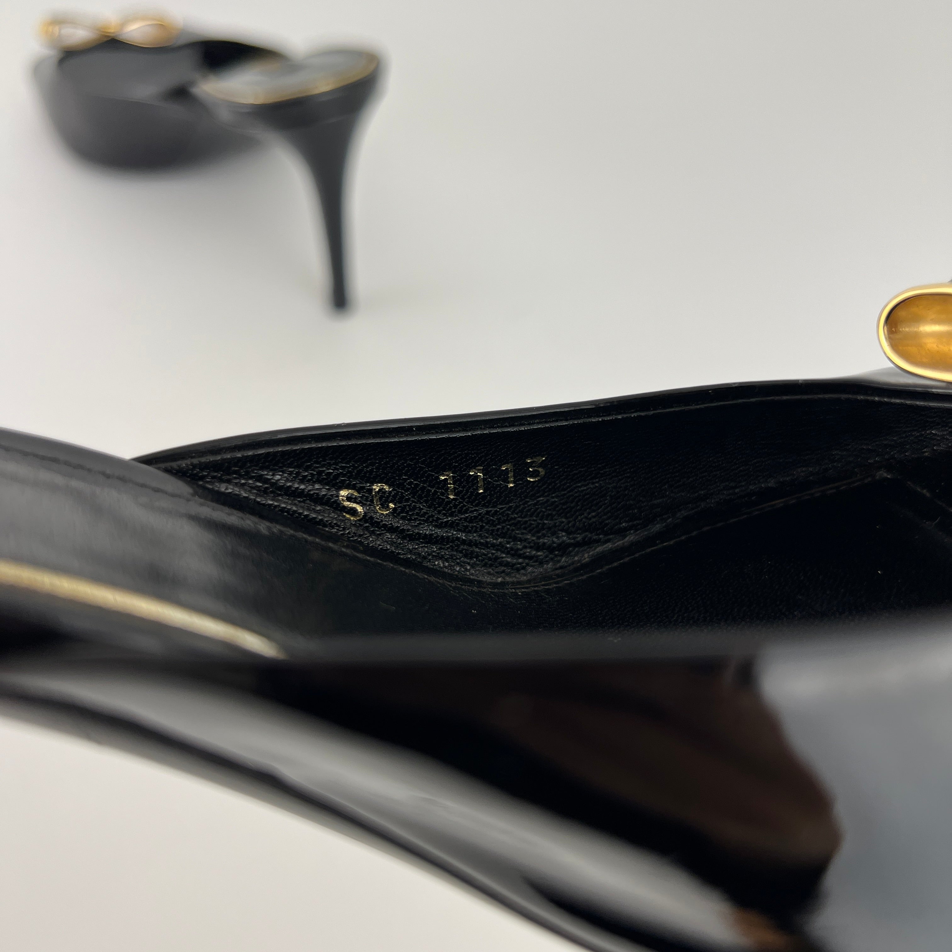 Louis Vuitton | Black Patent Leather Gold Gem Metal Bow Slide Mules (38)