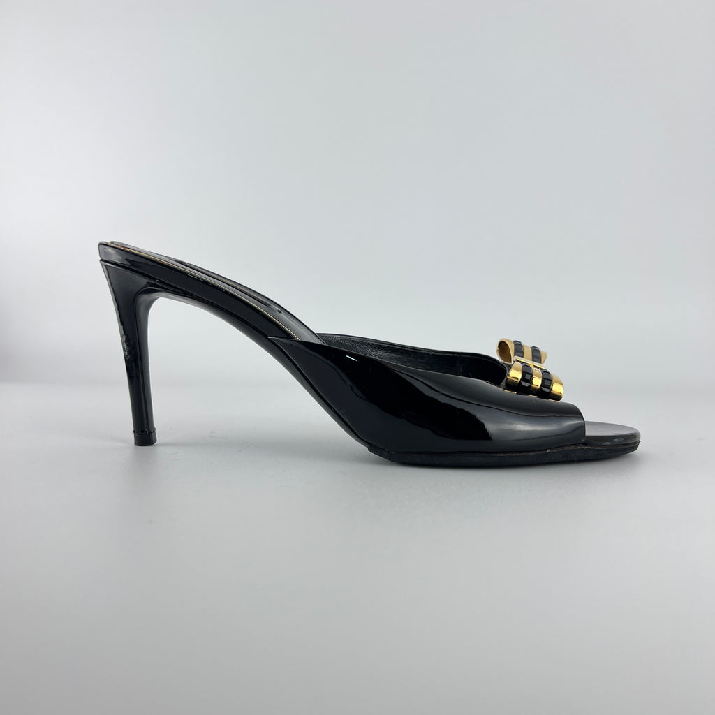 Louis Vuitton | Black Patent Leather Gold Gem Metal Bow Slide Mules (38)