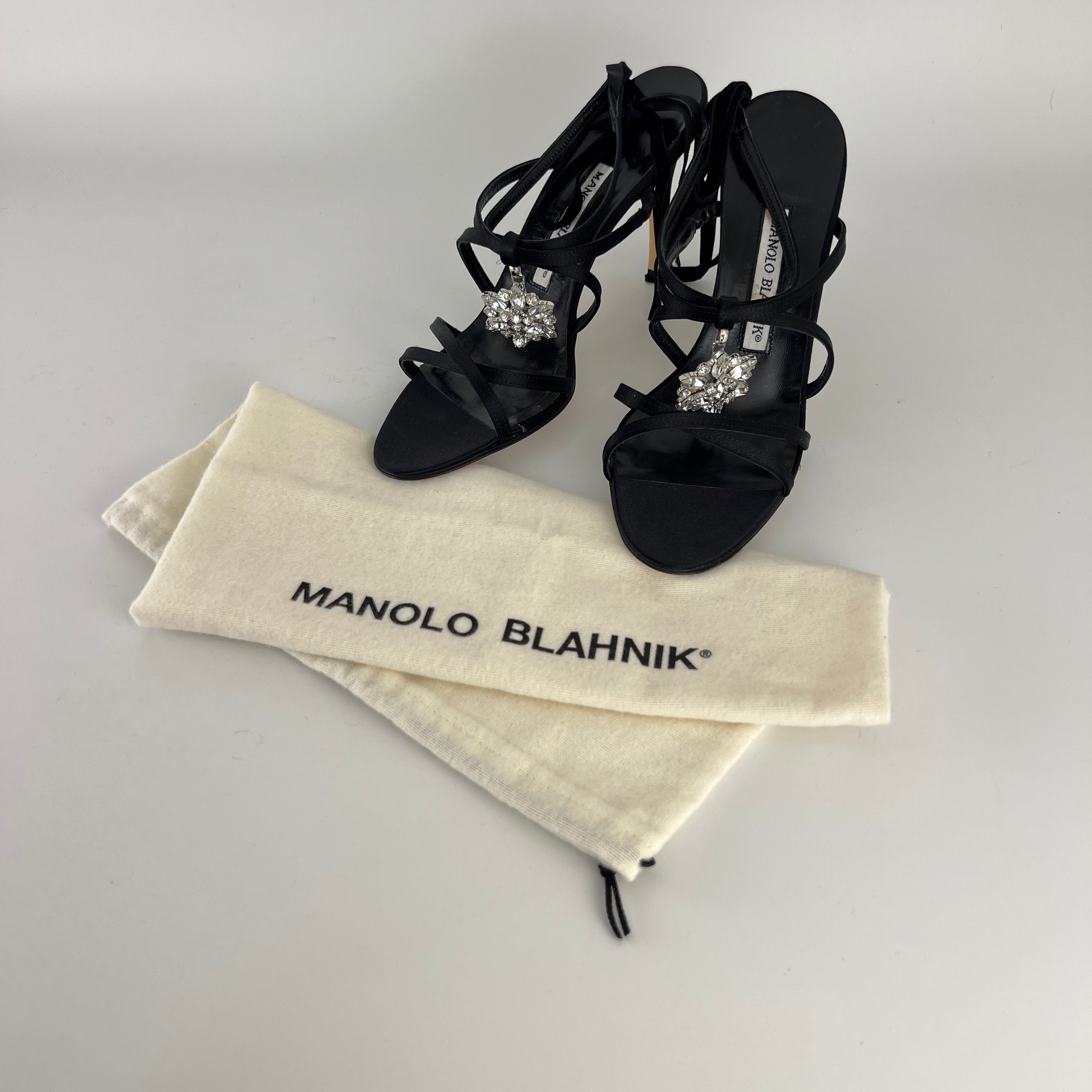 Manolo Blahnik | Merdoli Black Satin Jewel Pendant Strappy Sandal Heels (38)