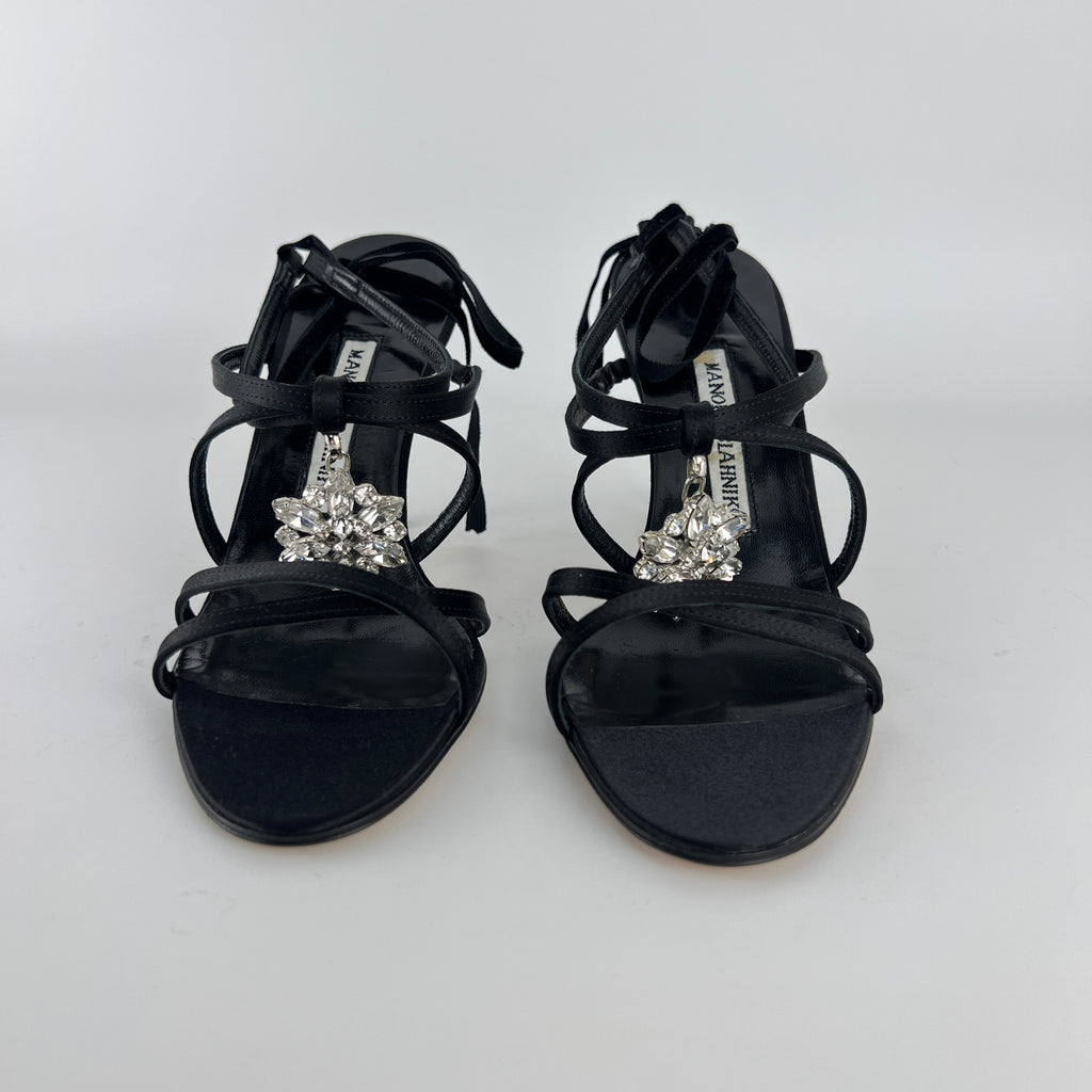 Manolo Blahnik | Merdoli Black Satin Jewel Pendant Strappy Sandal Heels (38)