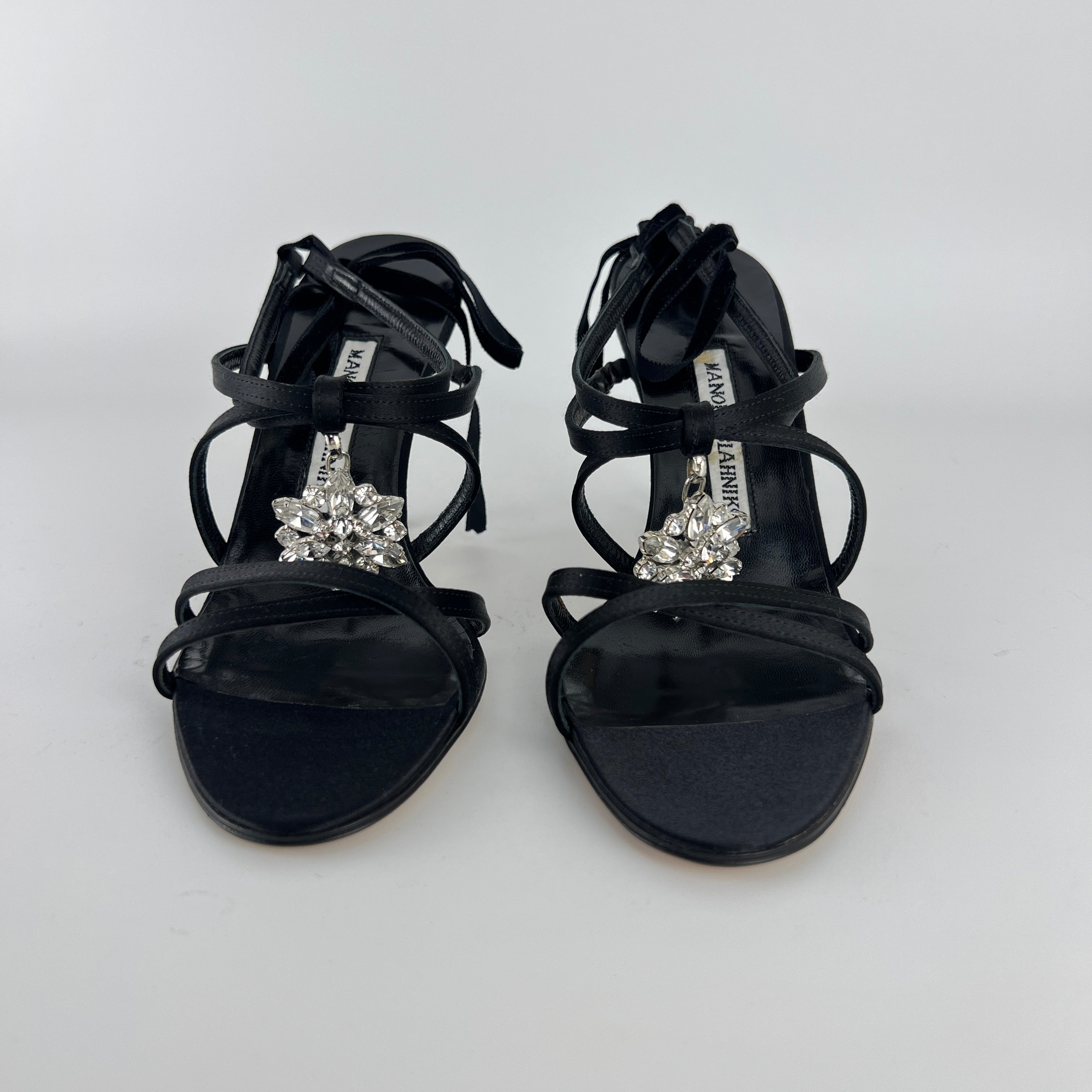 Manolo Blahnik | Merdoli Black Satin Jewel Pendant Strappy Sandal Heels (38)
