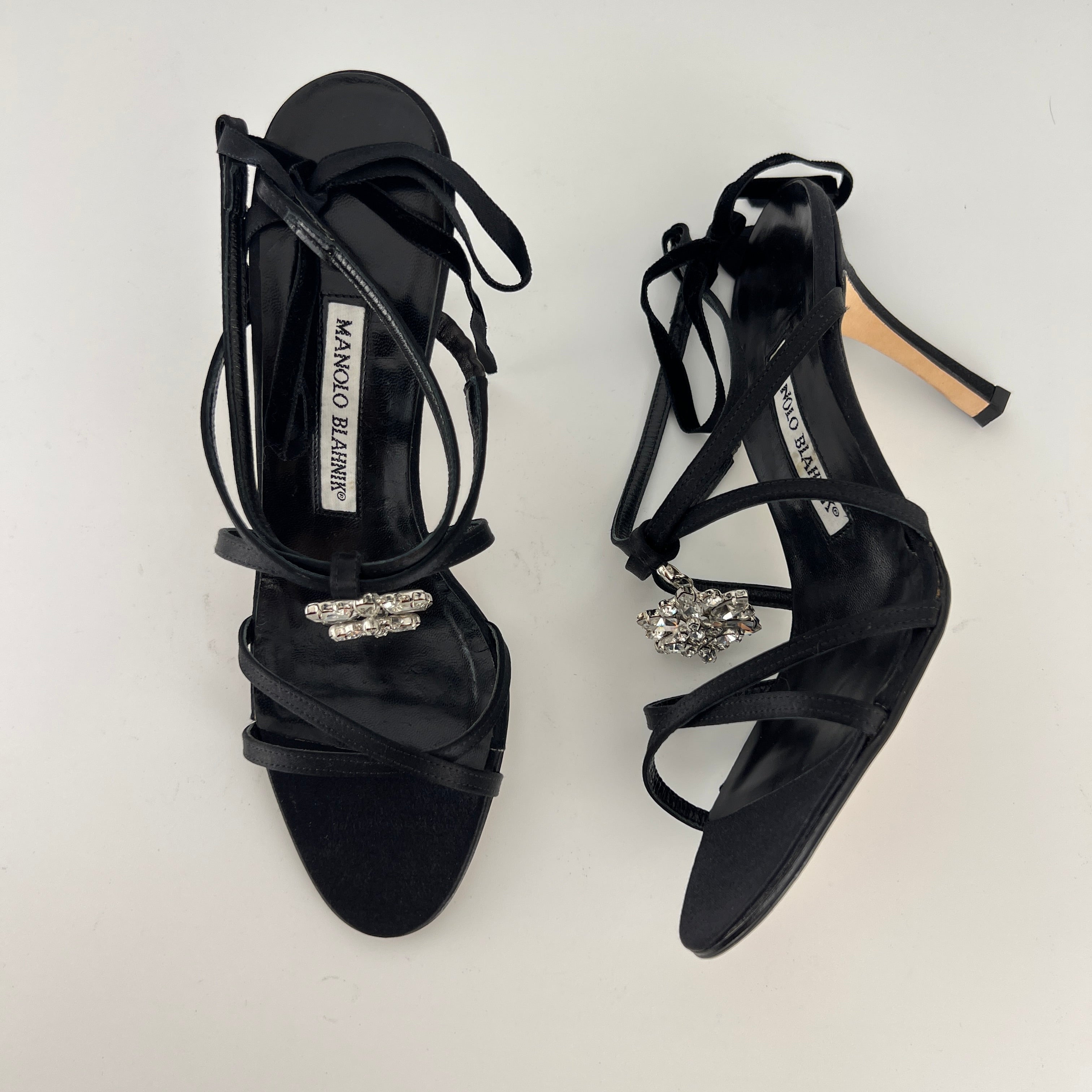 Manolo Blahnik | Merdoli Black Satin Jewel Pendant Strappy Sandal Heels (38)