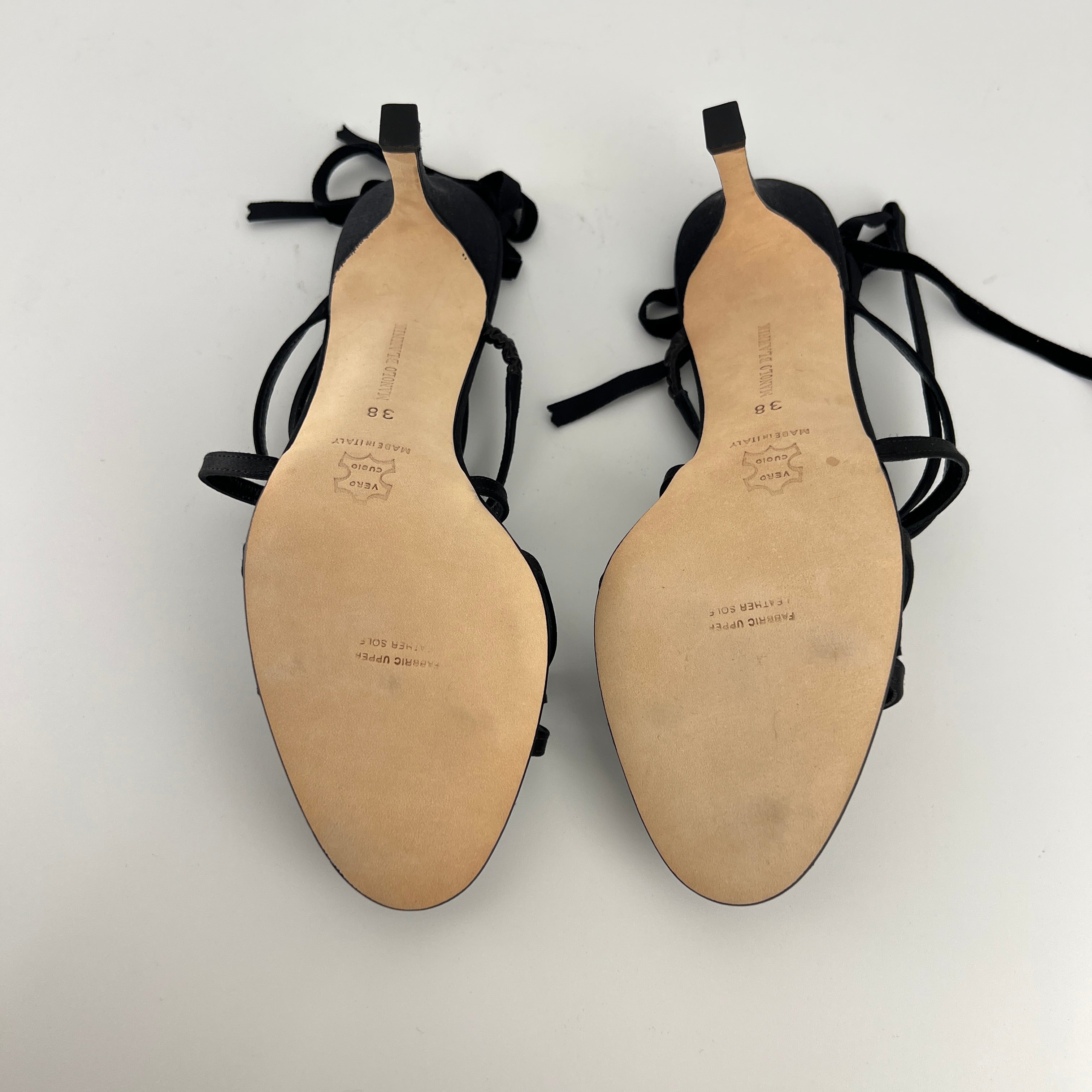 Manolo Blahnik | Merdoli Black Satin Jewel Pendant Strappy Sandal Heels (38)