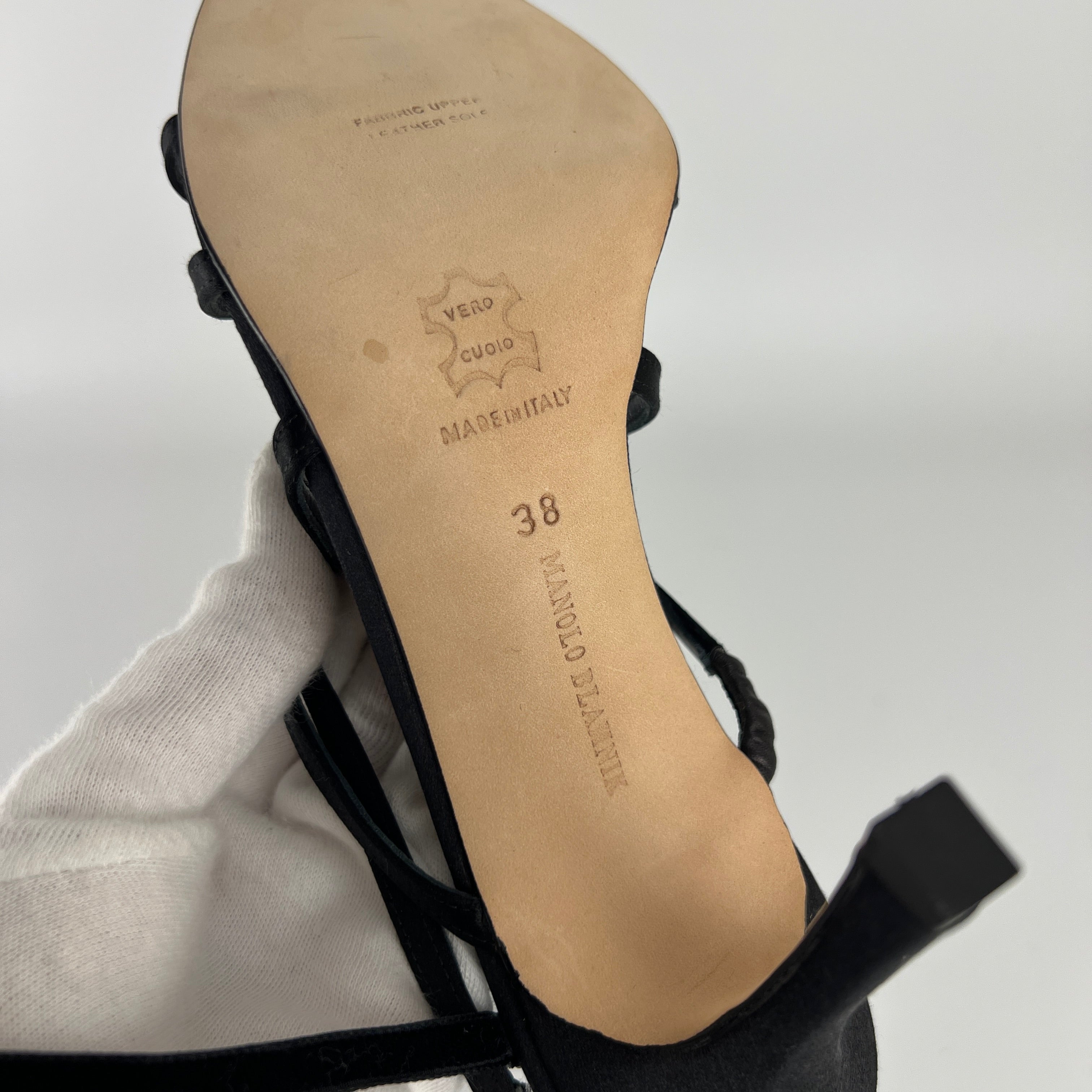Manolo Blahnik | Merdoli Black Satin Jewel Pendant Strappy Sandal Heels (38)