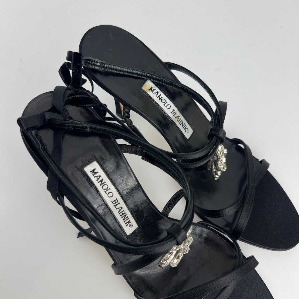 Manolo Blahnik | Merdoli Black Satin Jewel Pendant Strappy Sandal Heels (38)