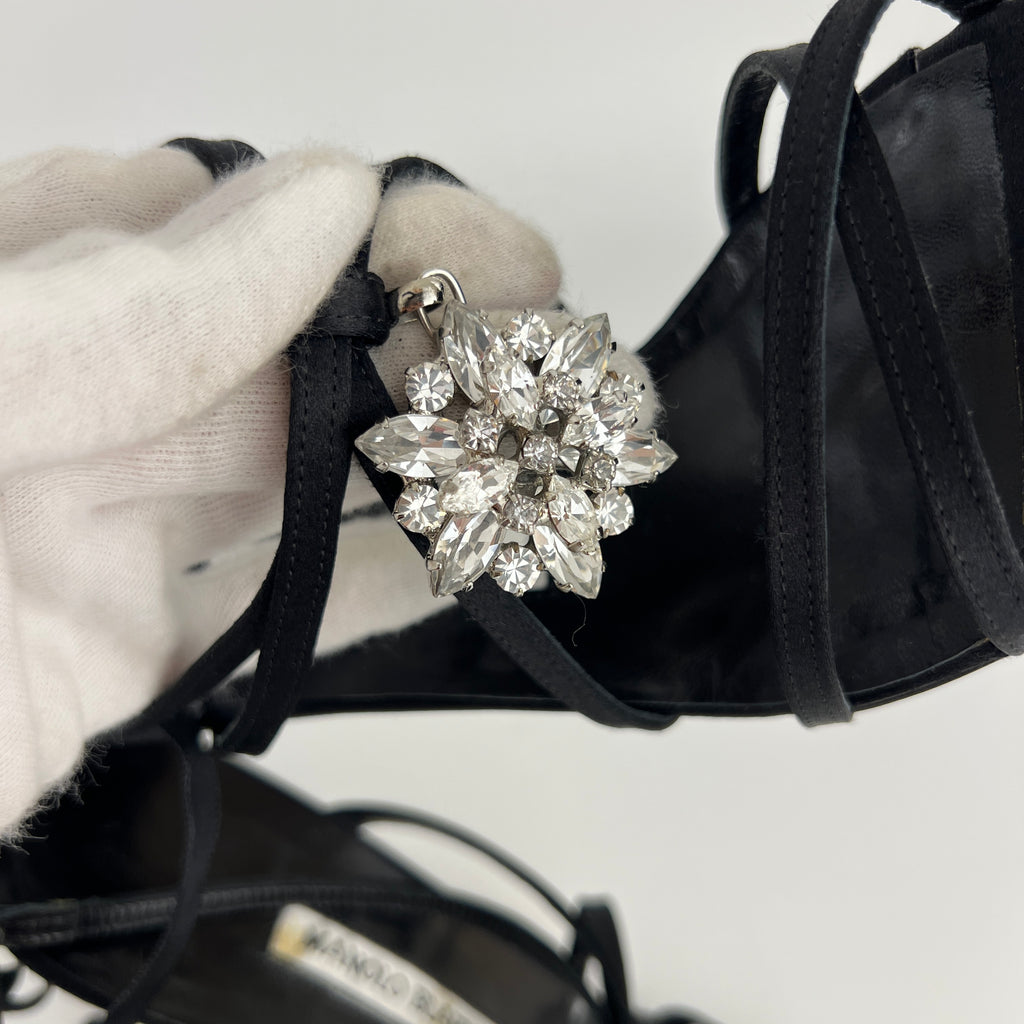 Manolo Blahnik | Merdoli Black Satin Jewel Pendant Strappy Sandal Heels (38)