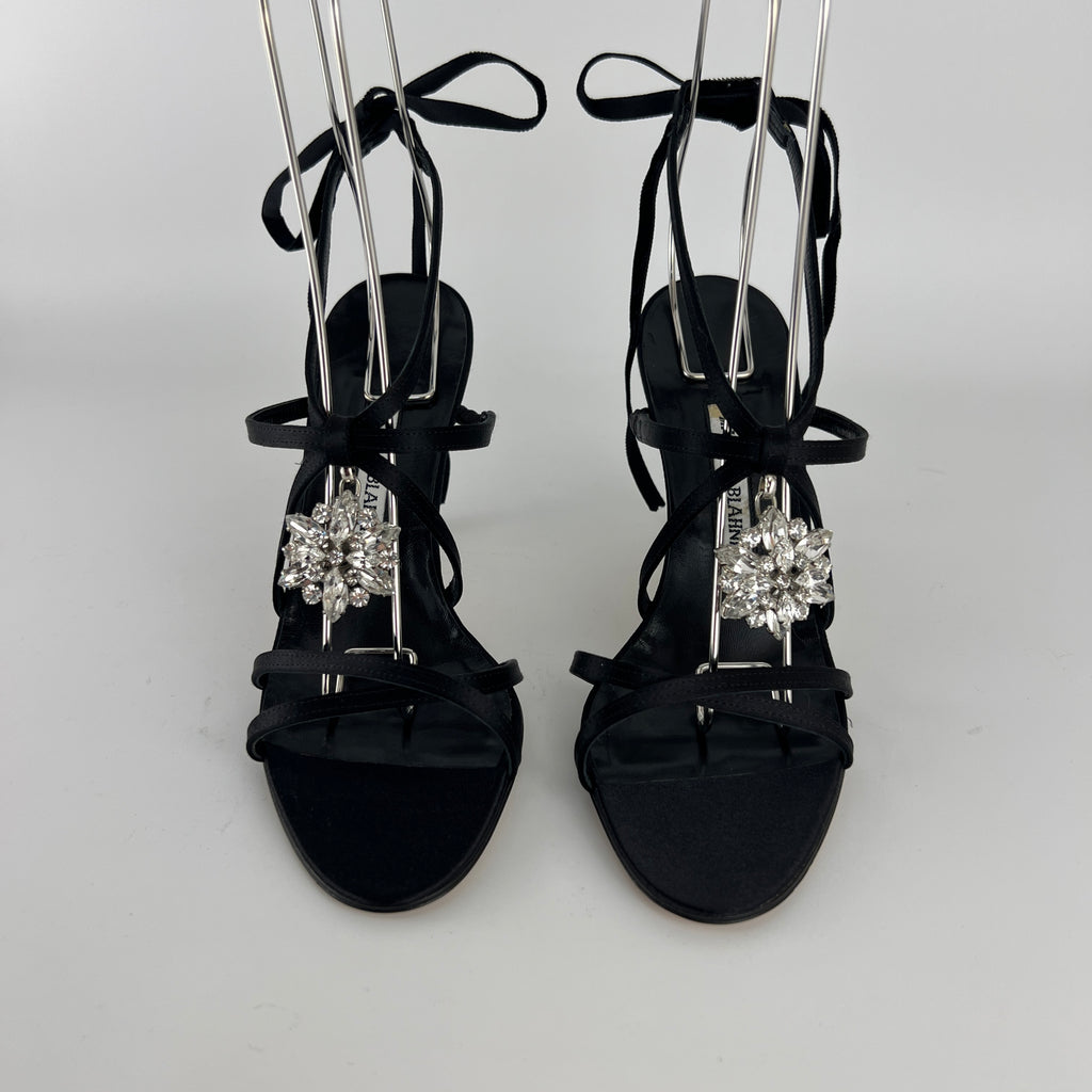 Manolo Blahnik | Merdoli Black Satin Jewel Pendant Strappy Sandal Heels (38)
