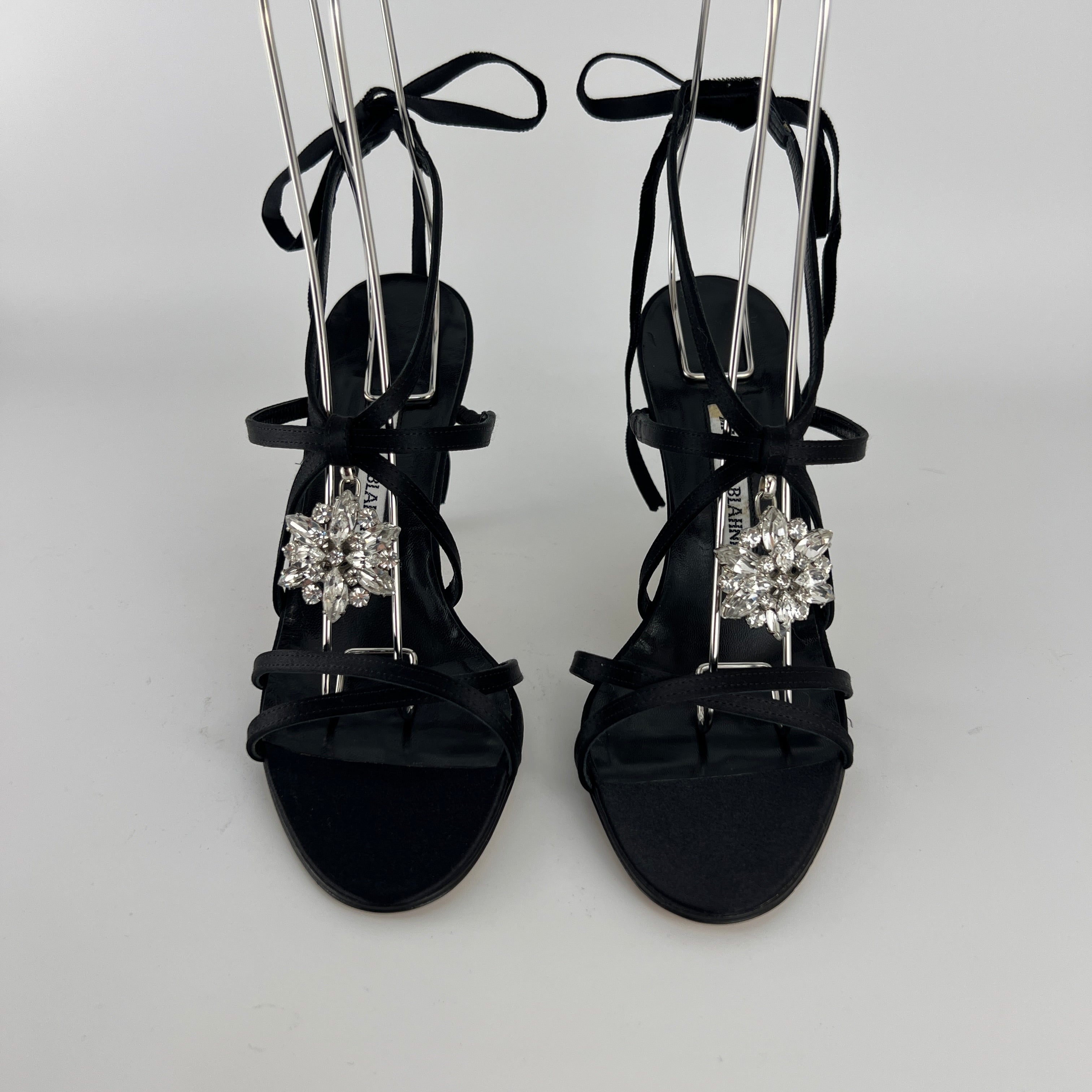 Manolo Blahnik | Merdoli Black Satin Jewel Pendant Strappy Sandal Heels (38)