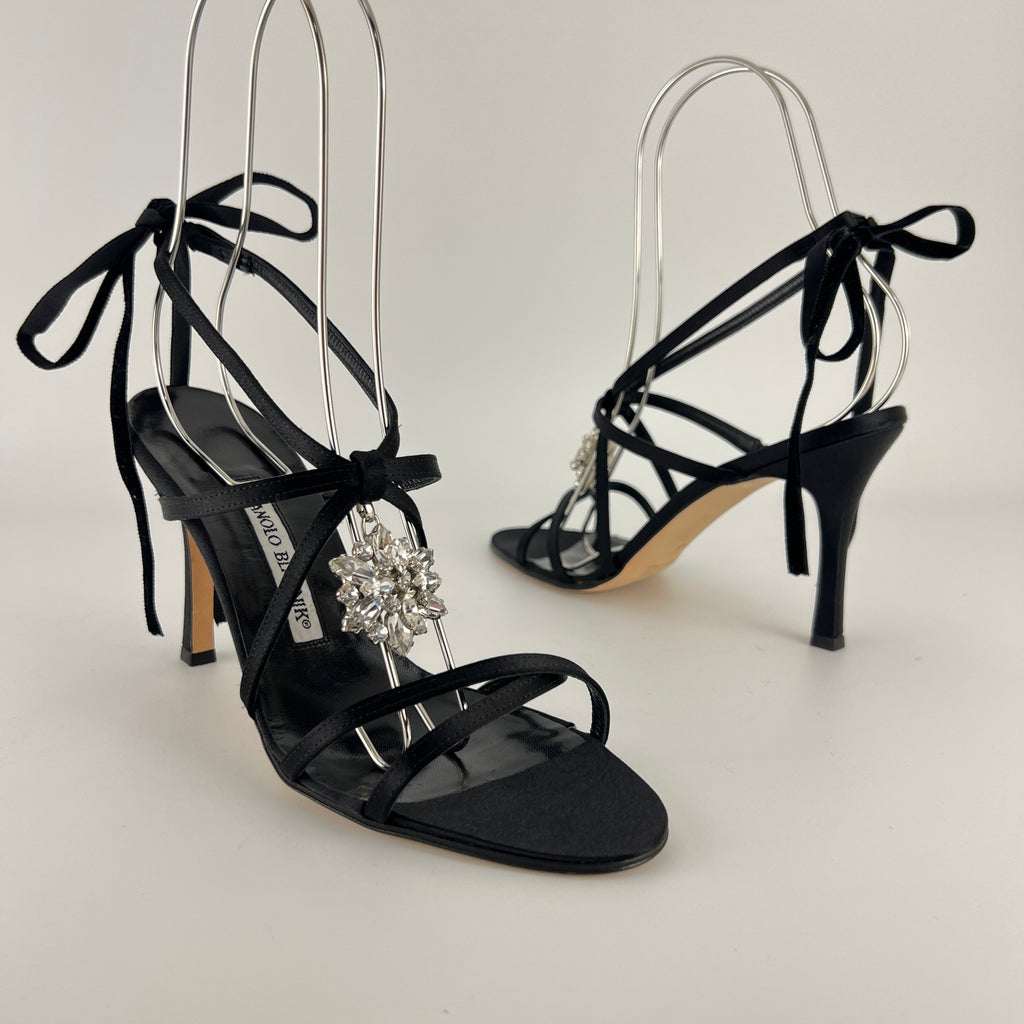 Manolo Blahnik | Merdoli Black Satin Jewel Pendant Strappy Sandal Heels (38)