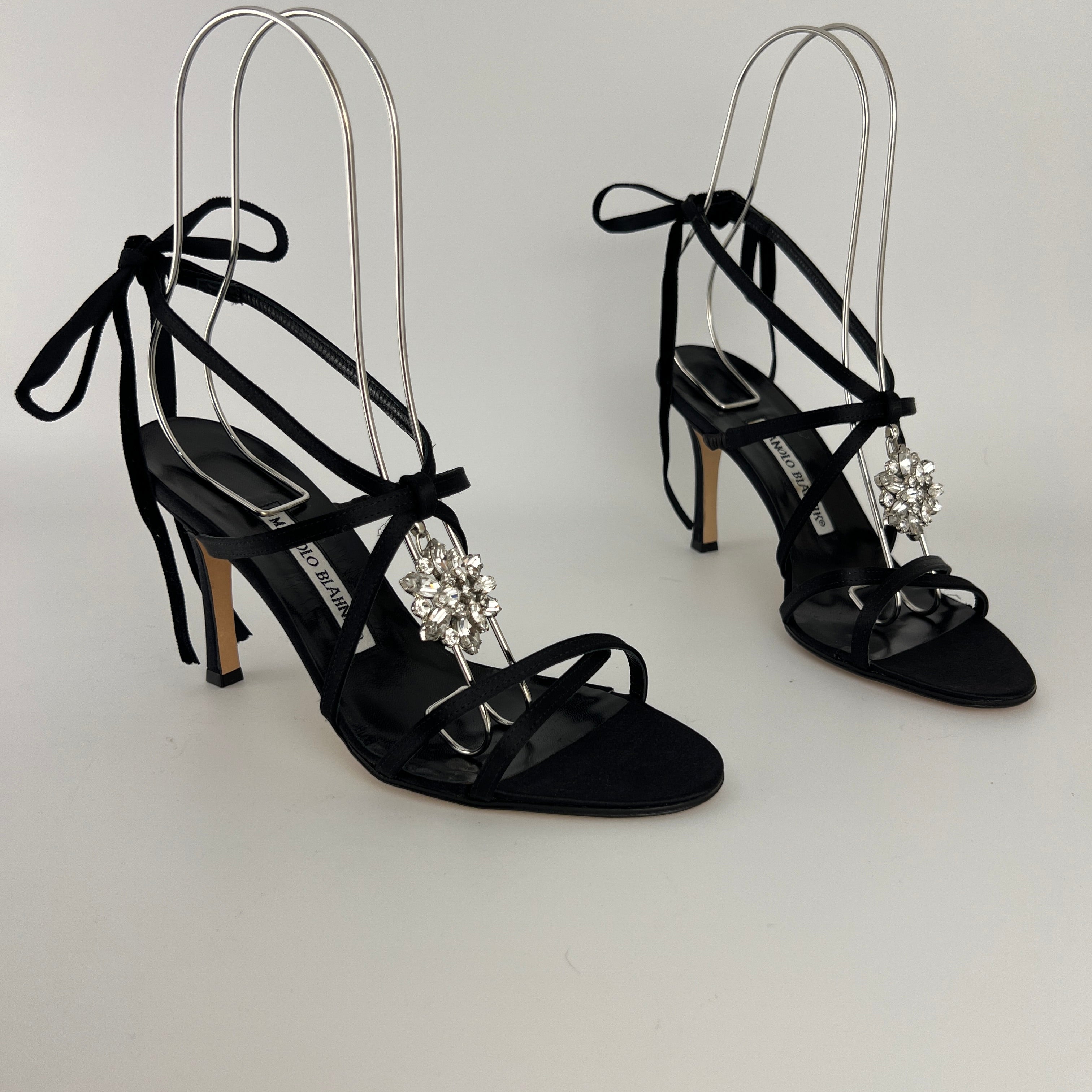 Manolo Blahnik | Merdoli Black Satin Jewel Pendant Strappy Sandal Heels (38)