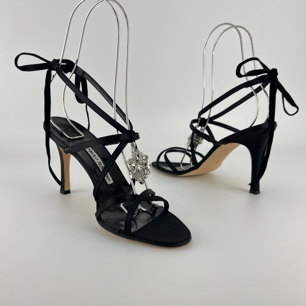 Manolo Blahnik | Merdoli Black Satin Jewel Pendant Strappy Sandal Heels (38)