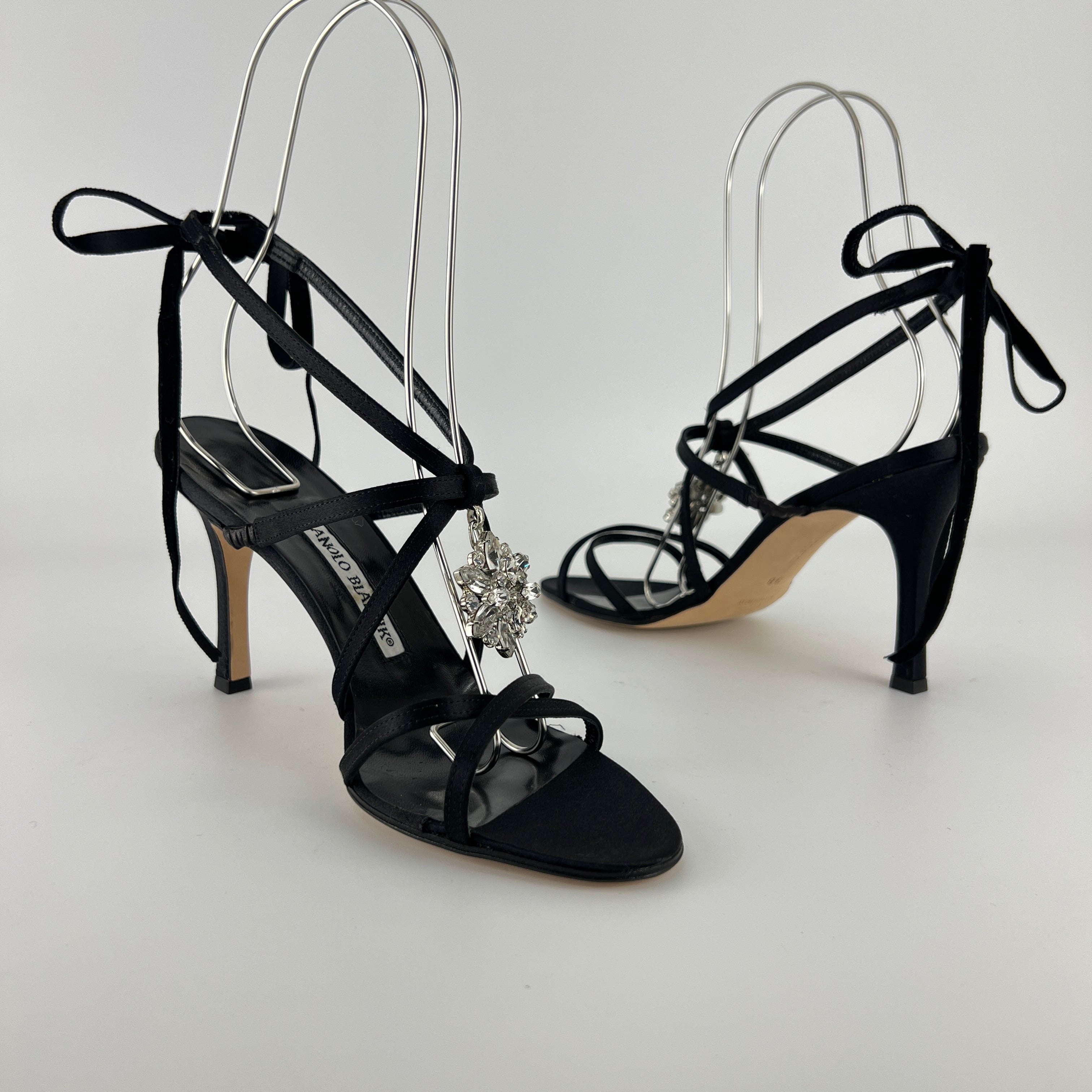 Manolo Blahnik | Merdoli Black Satin Jewel Pendant Strappy Sandal Heels (38)