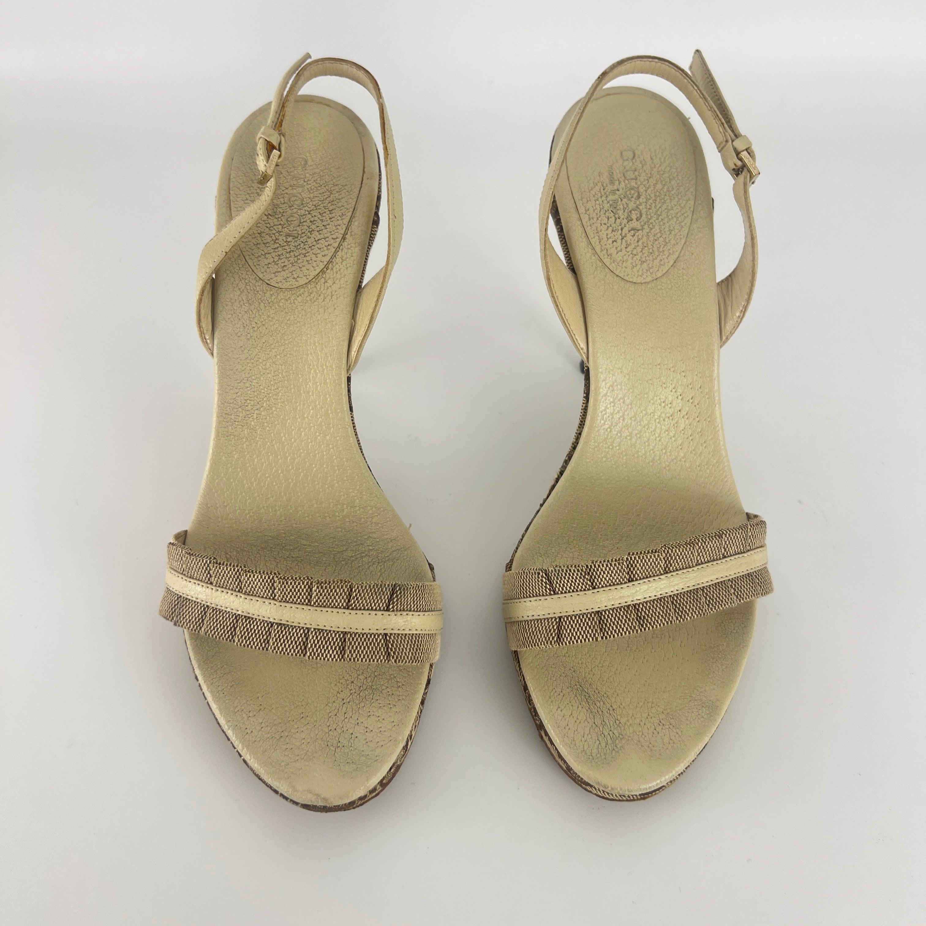 Gucci | Vintage GG Monogram Beige Pleated Strap Slingback Heels (37.5)