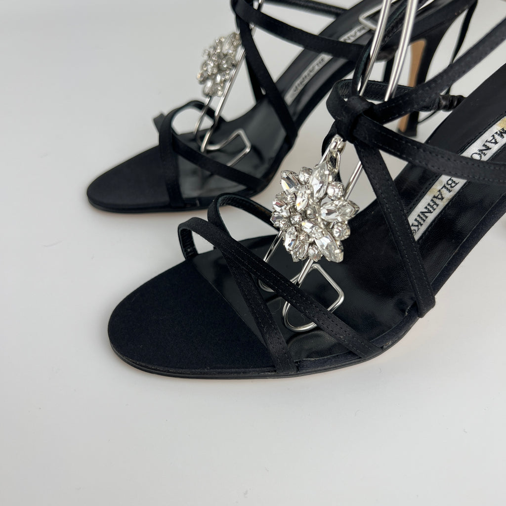 Manolo Blahnik | Merdoli Black Satin Jewel Pendant Strappy Sandal Heels (38)