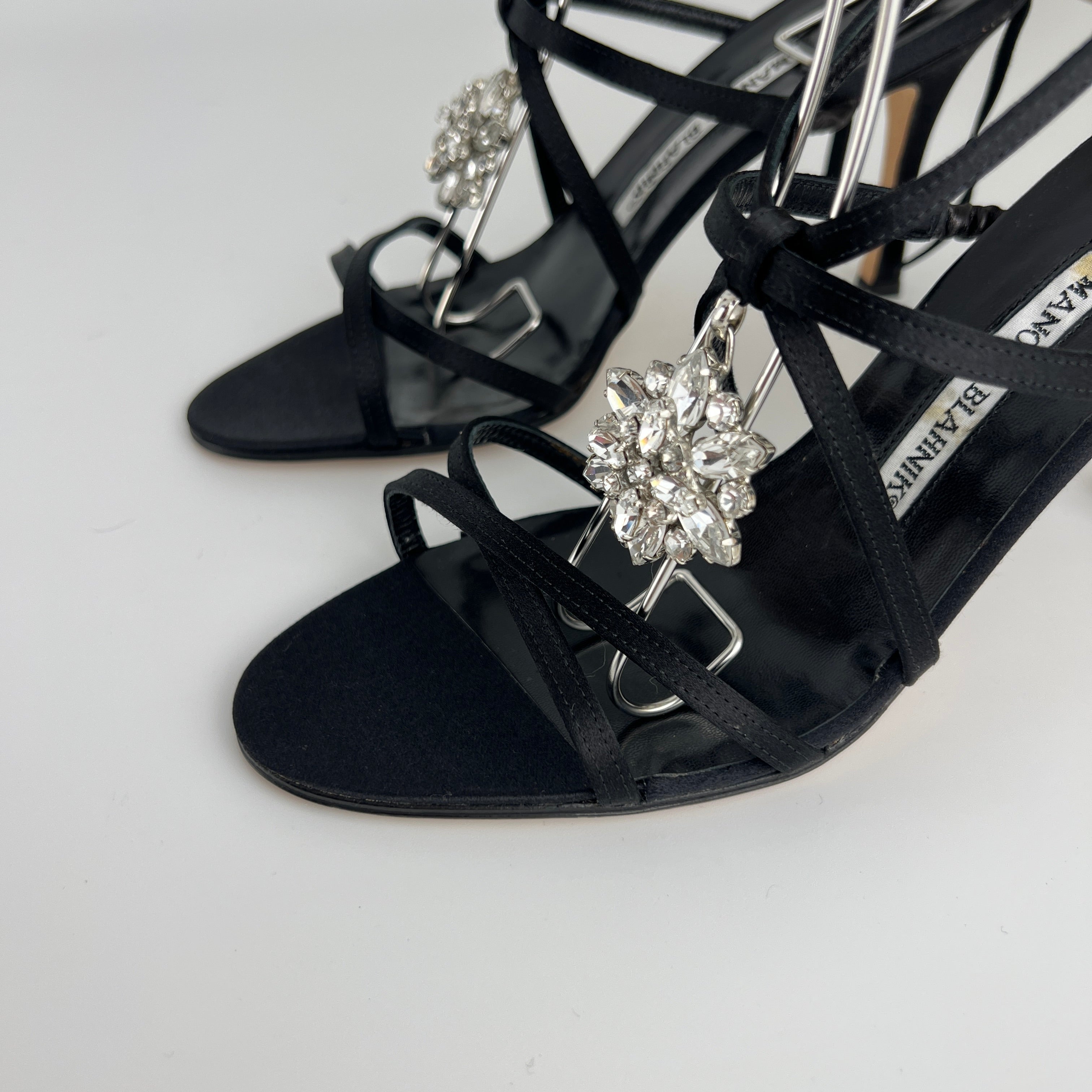 Manolo Blahnik | Merdoli Black Satin Jewel Pendant Strappy Sandal Heels (38)