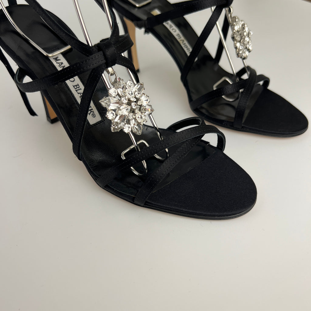 Manolo Blahnik | Merdoli Black Satin Jewel Pendant Strappy Sandal Heels (38)
