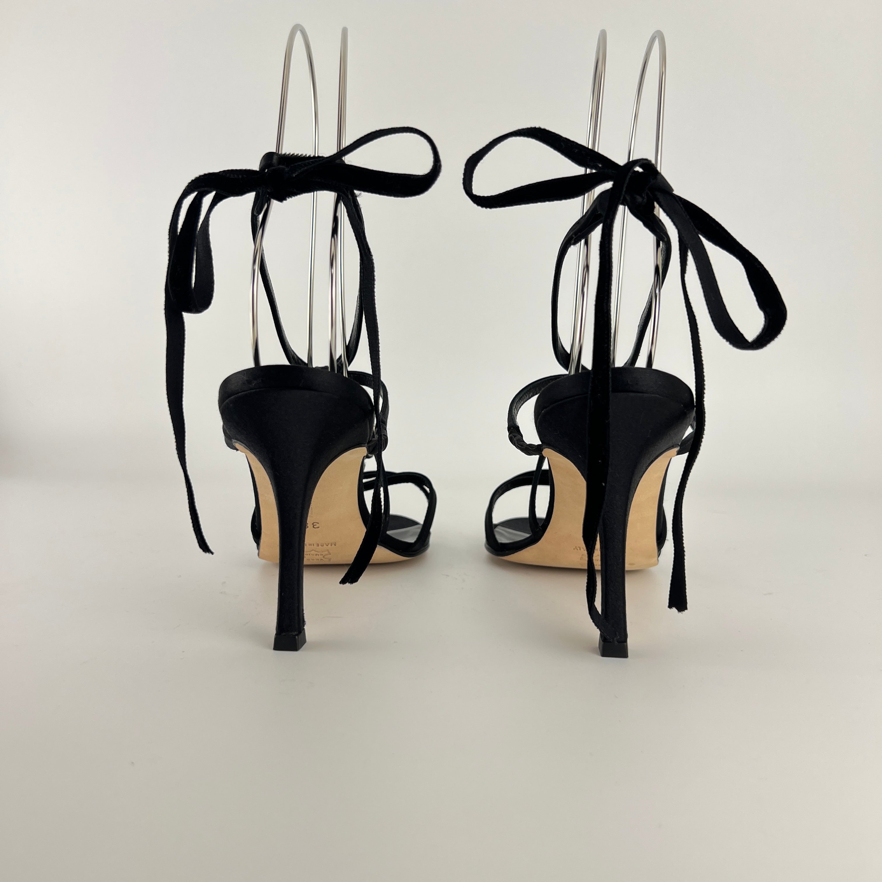 Manolo Blahnik | Merdoli Black Satin Jewel Pendant Strappy Sandal Heels (38)