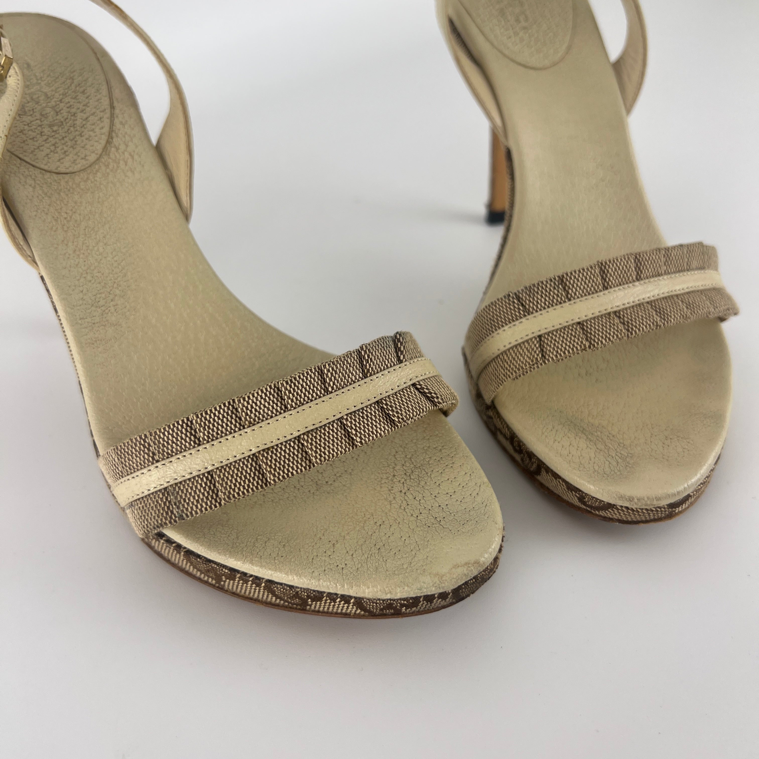 Gucci | Vintage GG Monogram Beige Pleated Strap Slingback Heels (37.5)