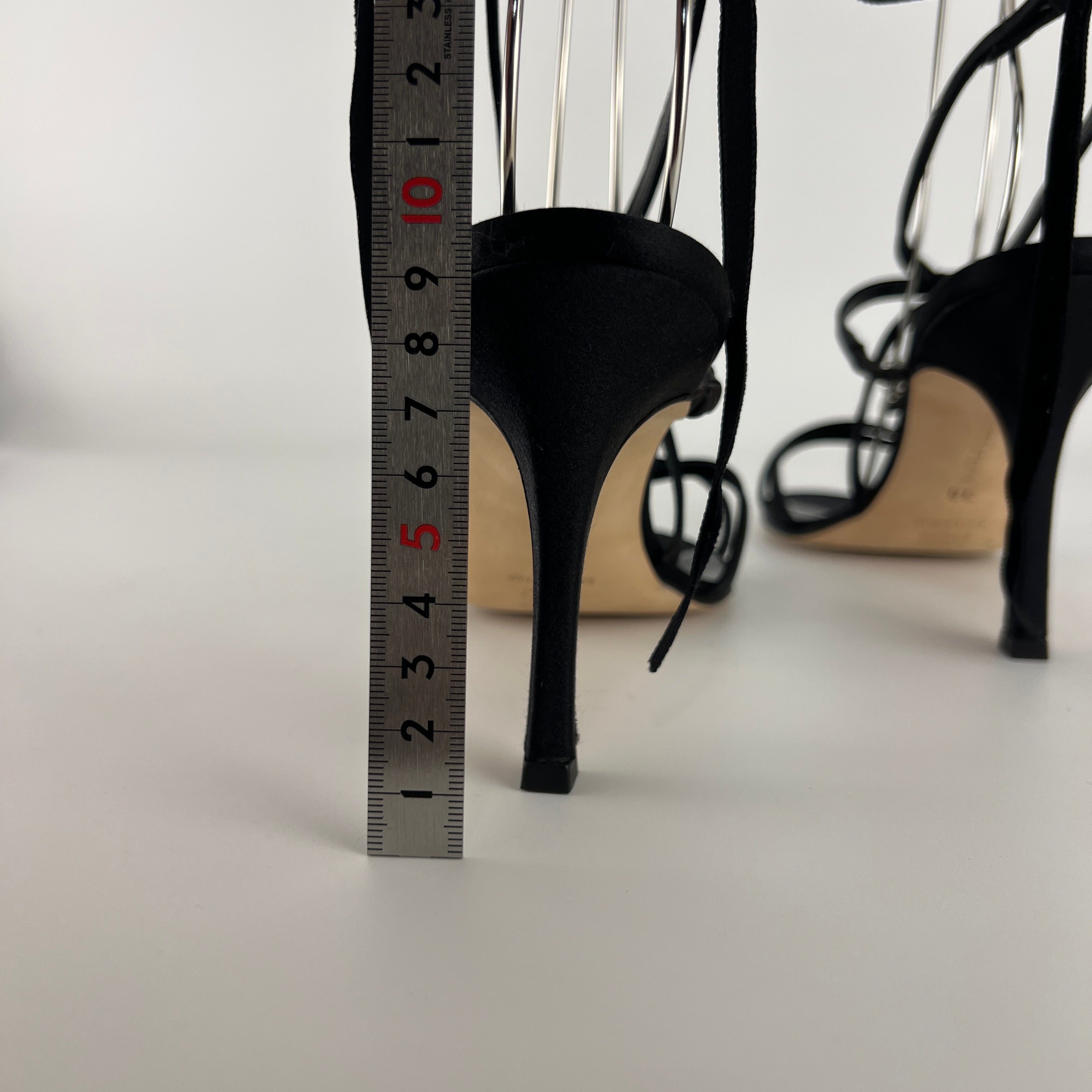 Manolo Blahnik | Merdoli Black Satin Jewel Pendant Strappy Sandal Heels (38)