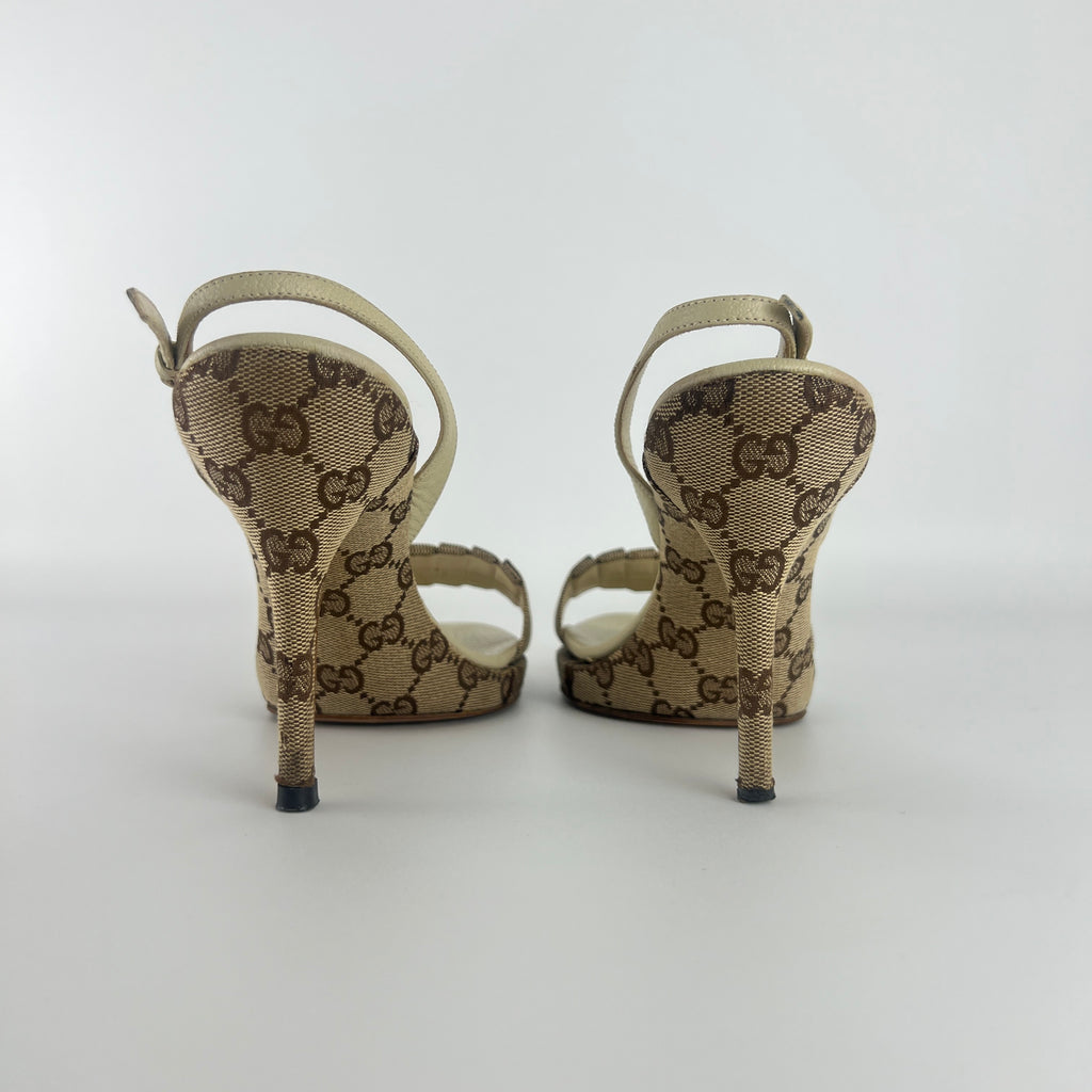 Gucci | Vintage GG Monogram Beige Pleated Strap Slingback Heels (37.5)