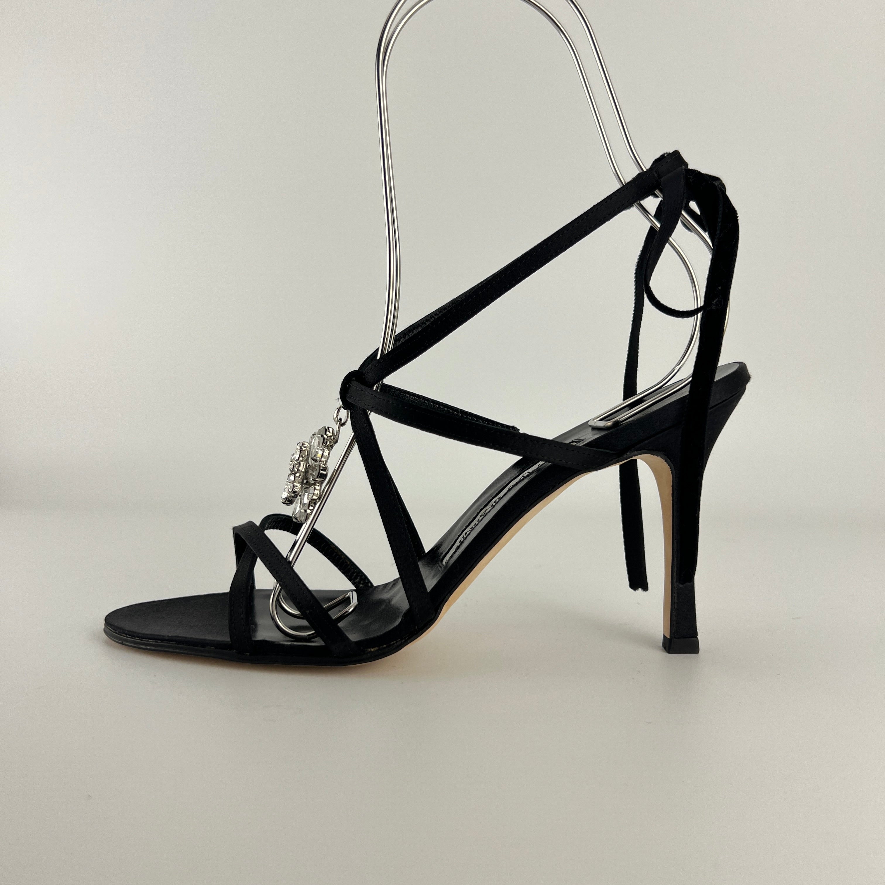 Manolo Blahnik | Merdoli Black Satin Jewel Pendant Strappy Sandal Heels (38)
