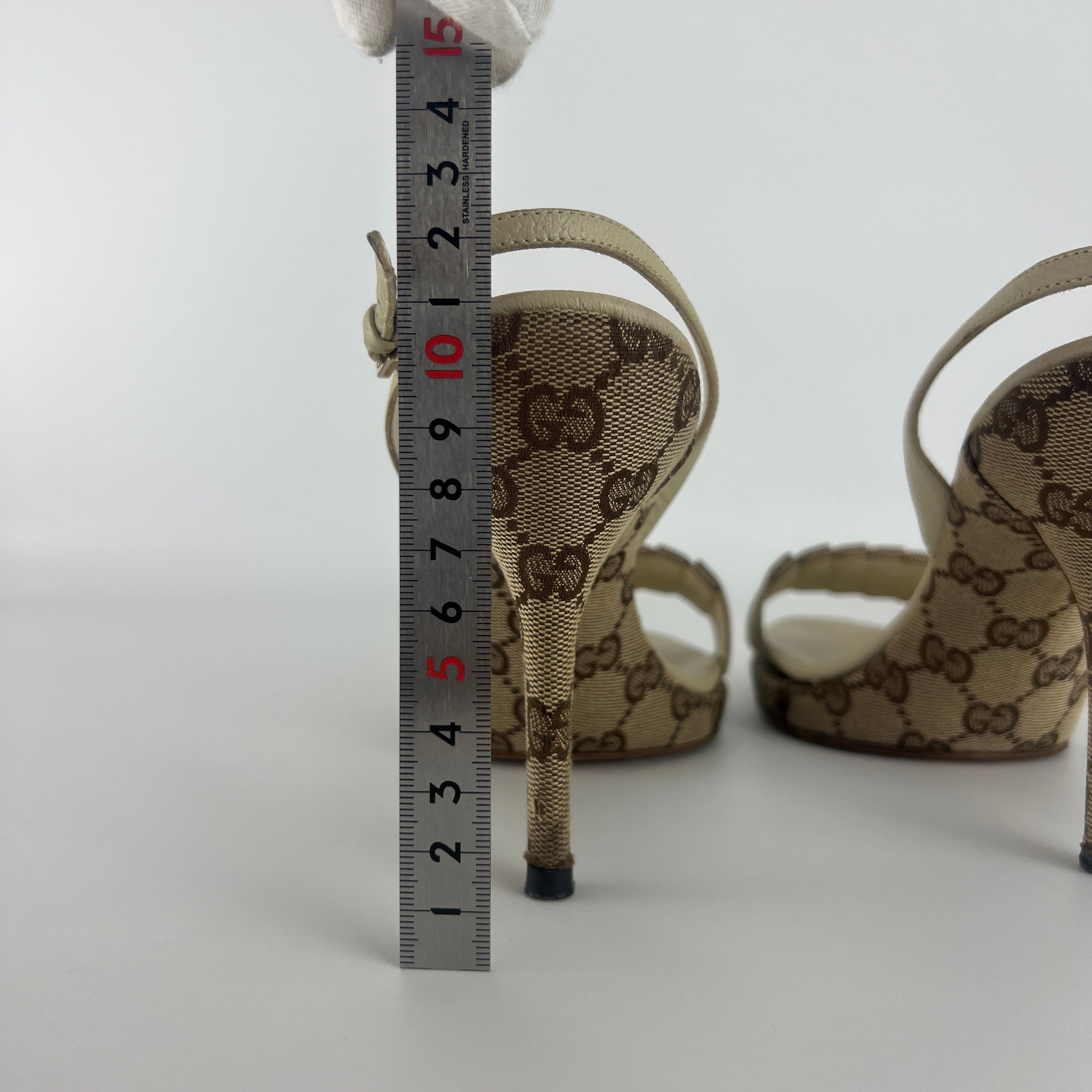 Gucci | Vintage GG Monogram Beige Pleated Strap Slingback Heels (37.5)