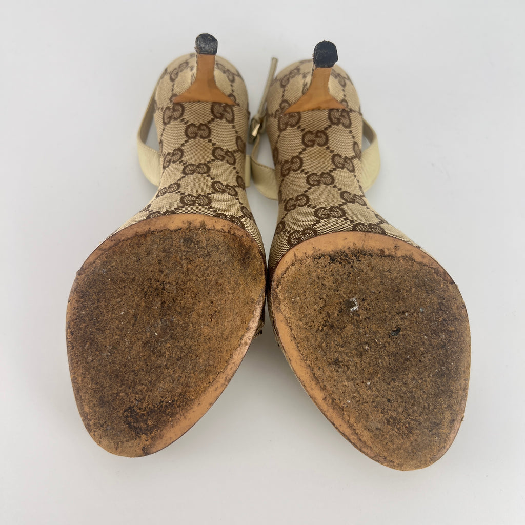 Gucci | Vintage GG Monogram Beige Pleated Strap Slingback Heels (37.5)