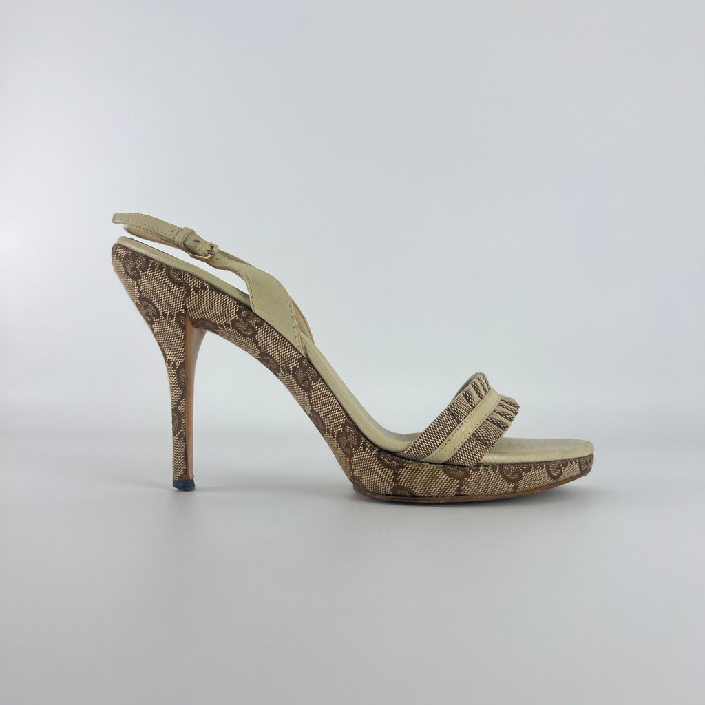 Gucci | Vintage GG Monogram Beige Pleated Strap Slingback Heels (37.5)
