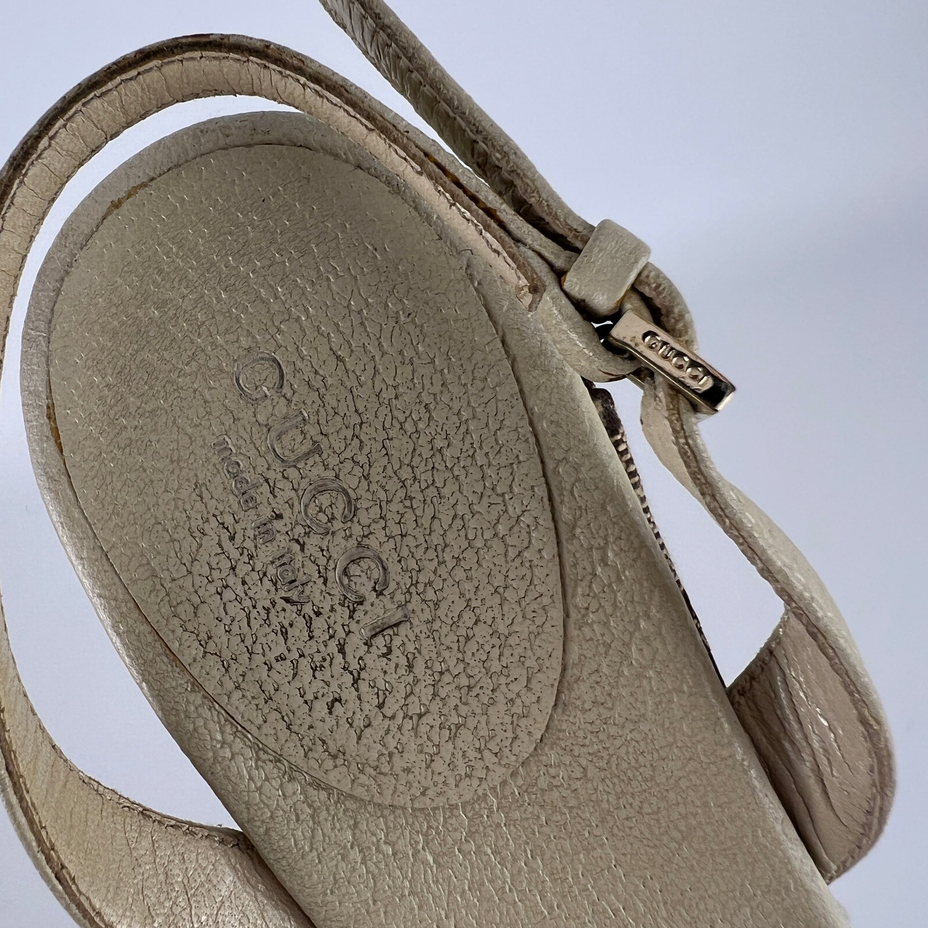 Gucci | Vintage GG Monogram Beige Pleated Strap Slingback Heels (37.5)